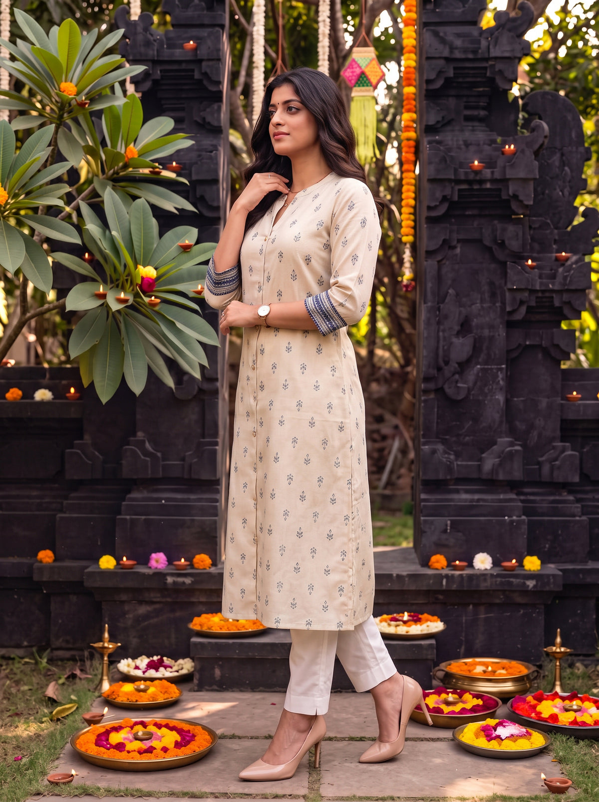 Buy Cotton Printed Flared Calf Length Kurta-Cream