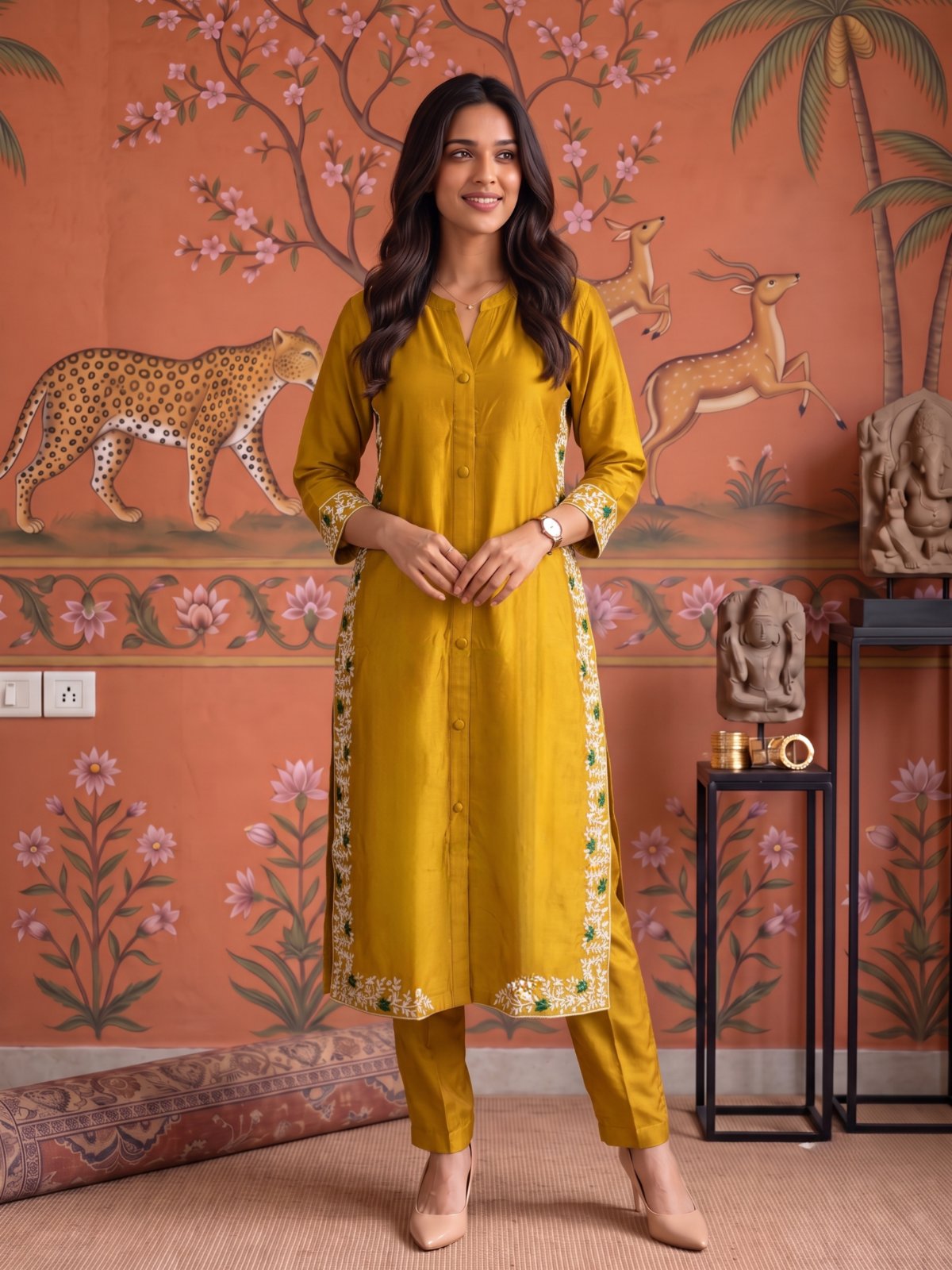 Buy Viscose Embroidered Straight Calf Length Kurta With Pant and Dupatta-Mustard