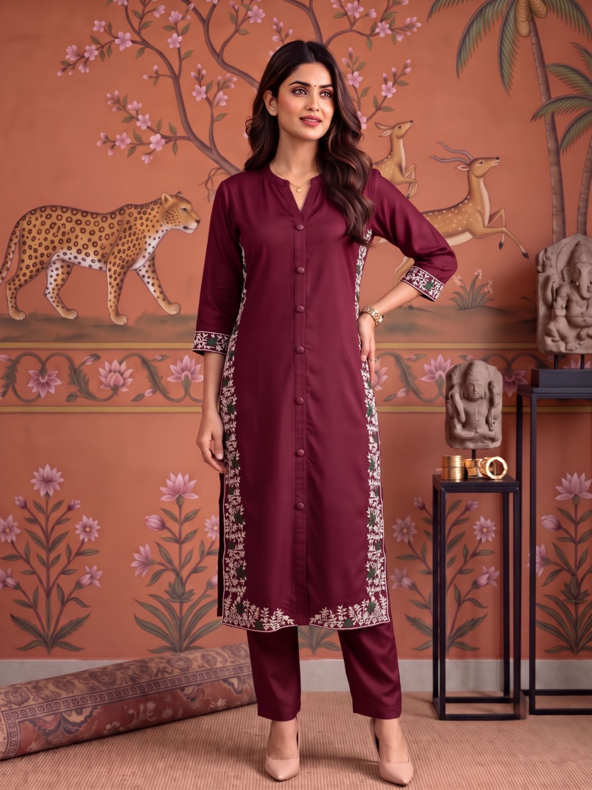 Buy Viscose Embroidered Straight Calf Length Kurta With Pant and Dupatta-Maroon