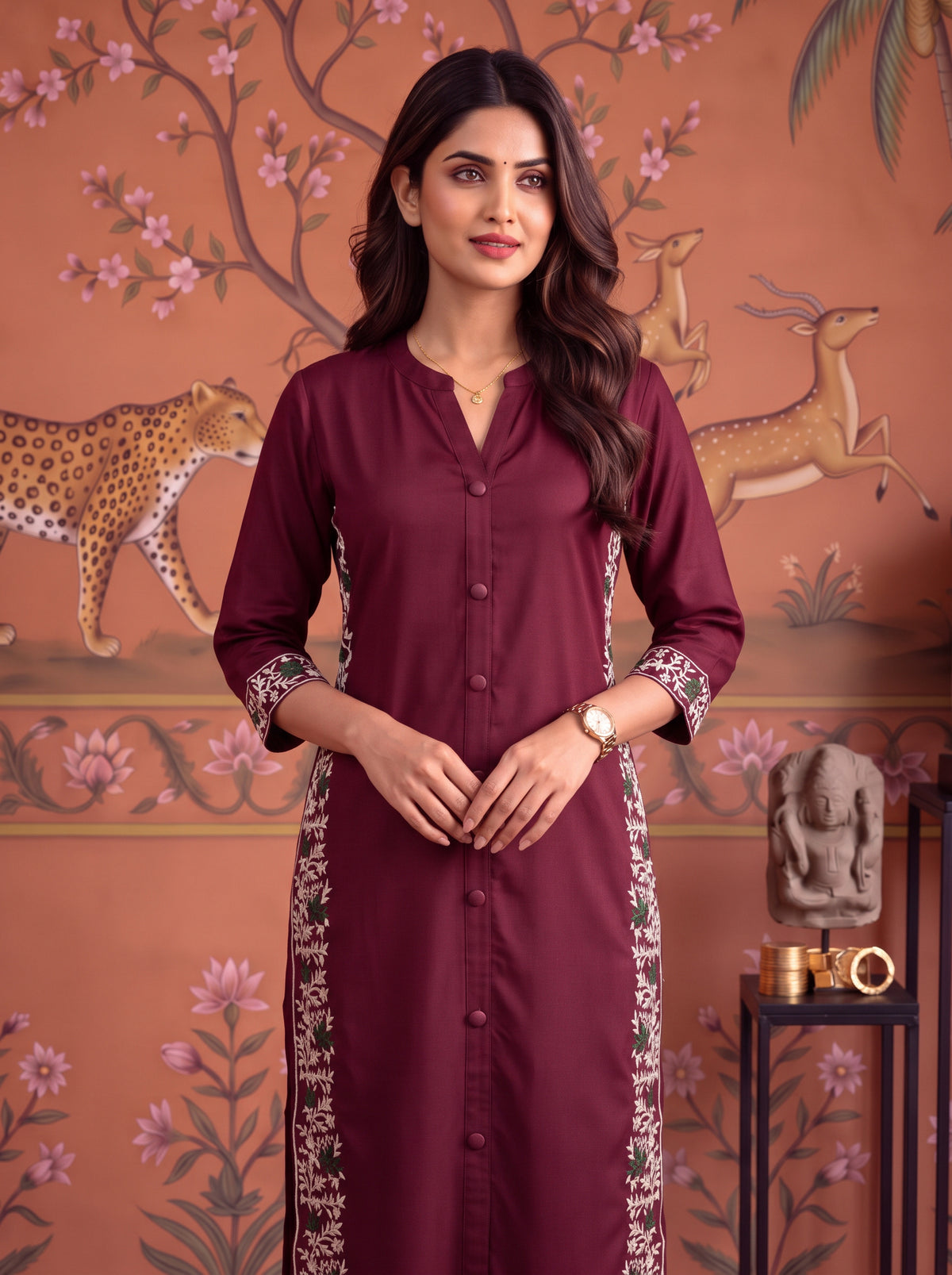 Buy Viscose Embroidered Straight Calf Length Kurta With Pant and Dupatta-Maroon