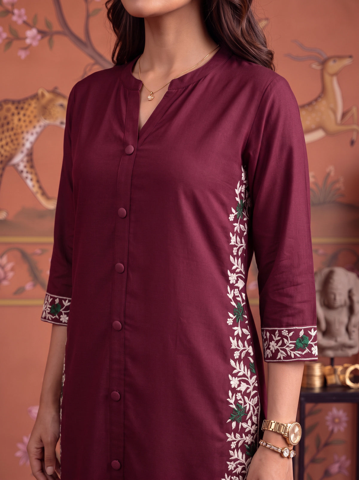 Buy Viscose Embroidered Straight Calf Length Kurta With Pant and Dupatta-Maroon