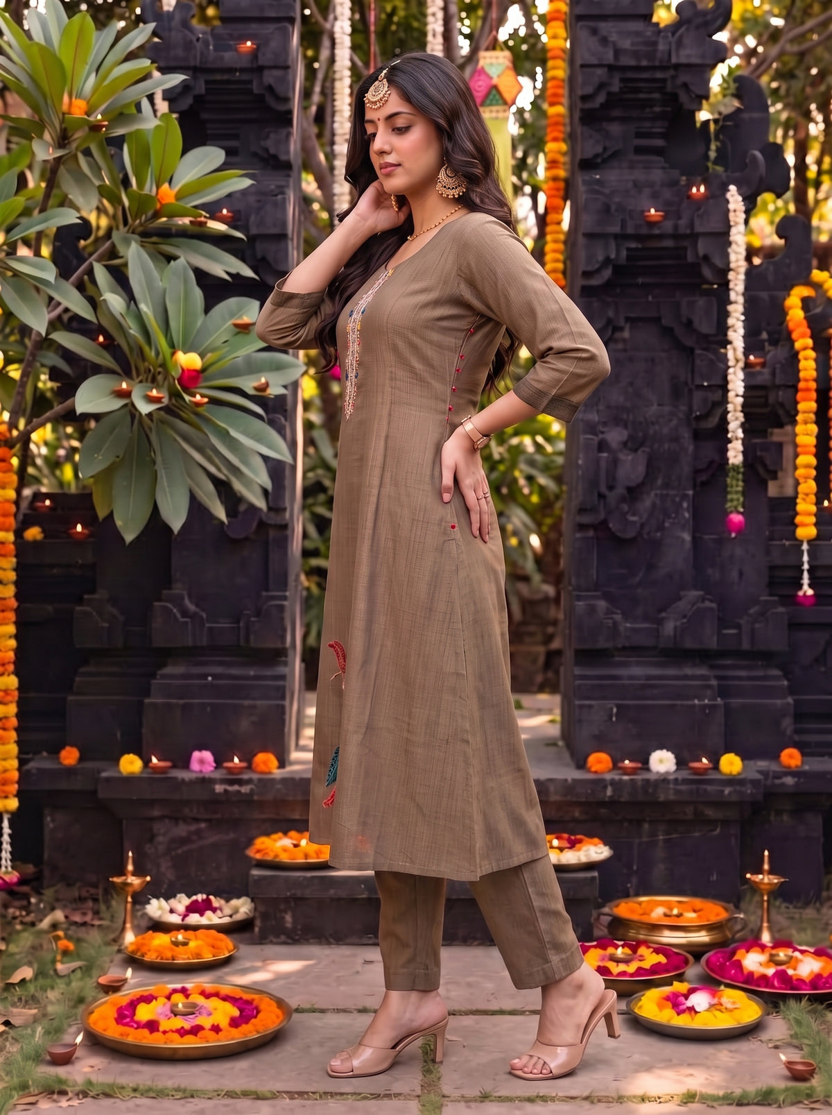 Buy Viscose Embroidered Flared Calf Length Kurta With Pant and Dupatta-Beige