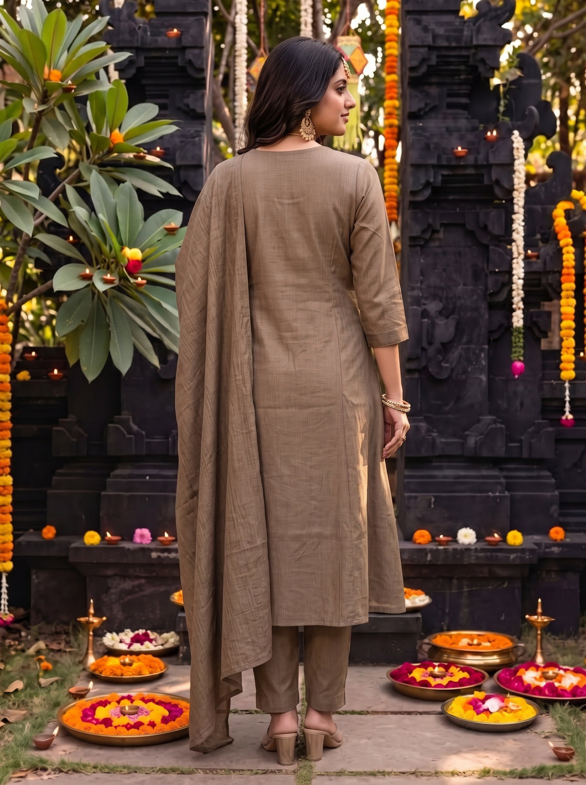 Viscose Embroidered Flared Calf Length Kurta With Pant and Dupatta