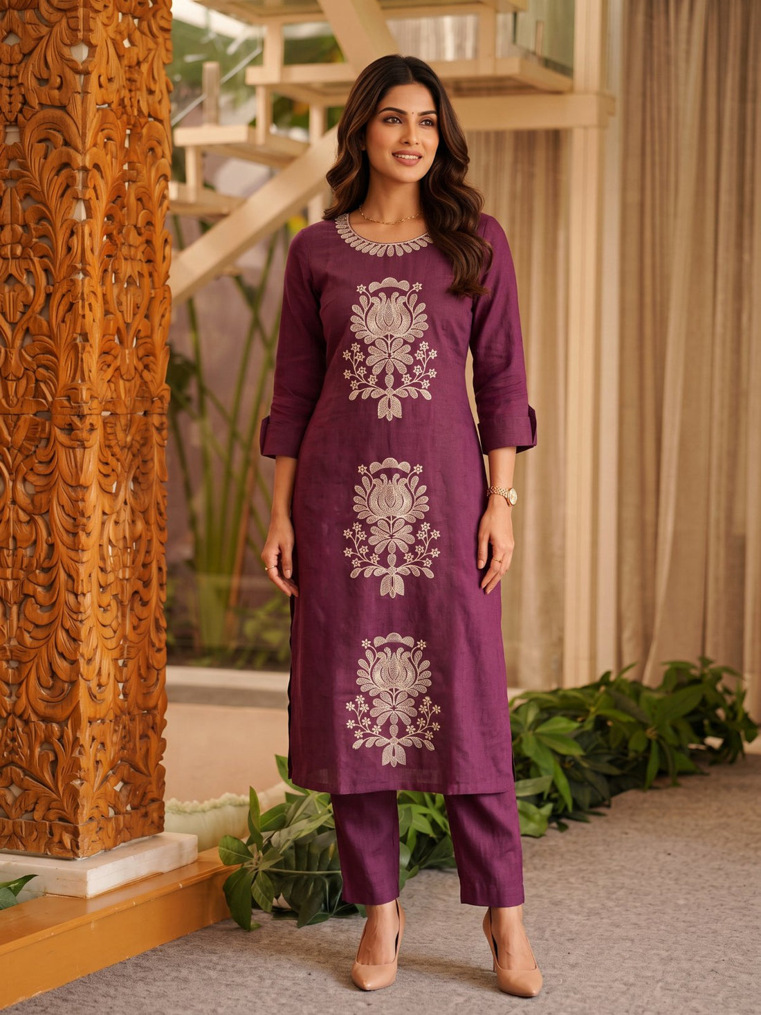 Buy Viscose Embroidered Straight Calf Length Kurta With Pant and Dupatta-Wine