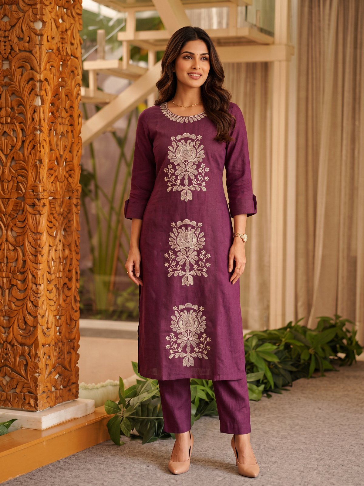 Viscose Embroidered Straight Calf Length Kurta With Pant and Dupatta