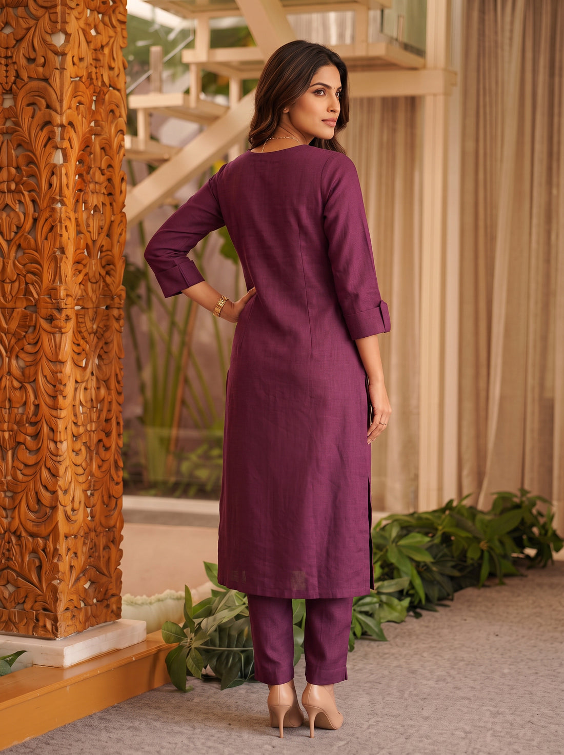 Buy Viscose Embroidered Straight Calf Length Kurta With Pant and Dupatta-Wine