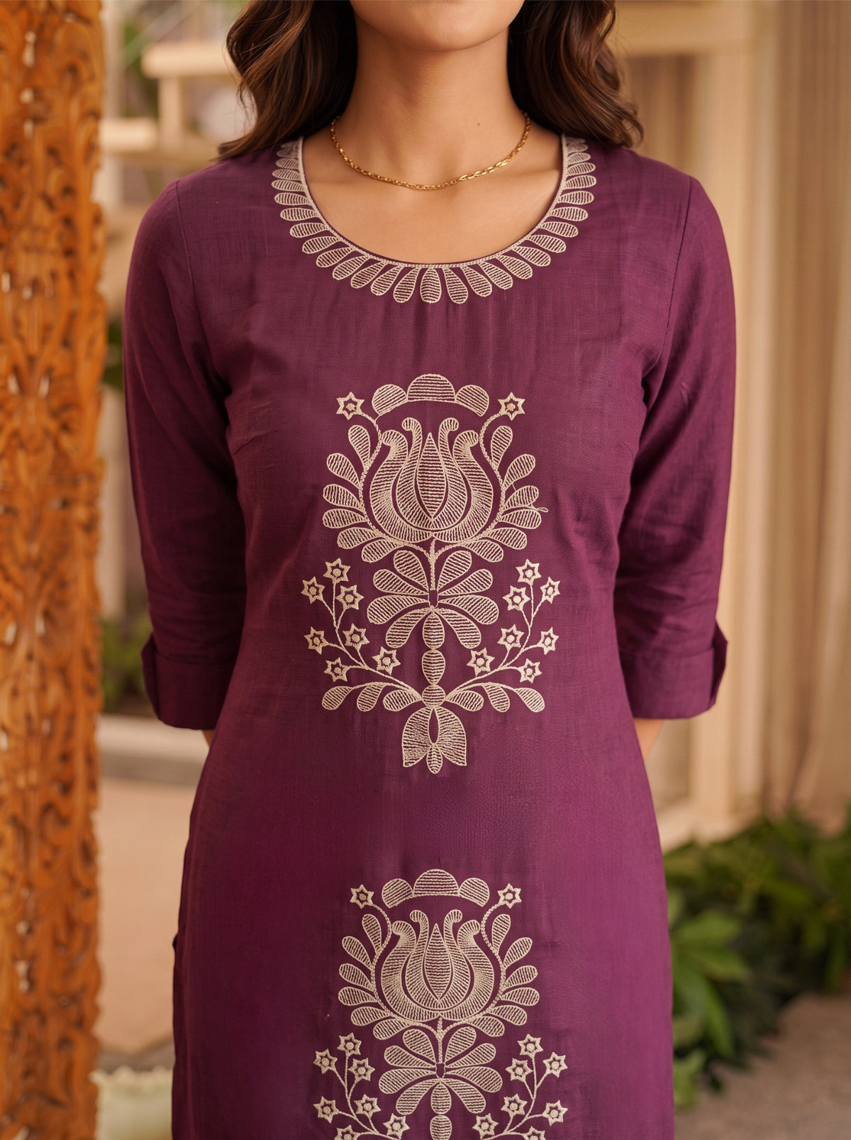 Buy Viscose Embroidered Straight Calf Length Kurta With Pant and Dupatta-Wine