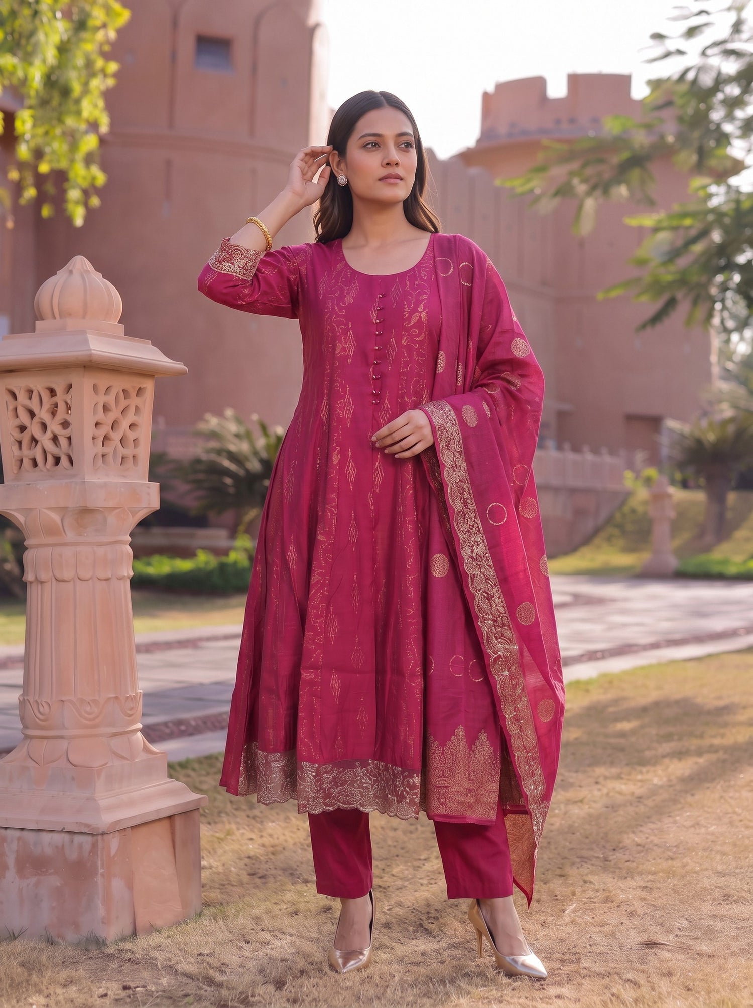 Buy Viscose Embroidered Flared Calf Length Kurta With Pant and Dupatta-Fuchsia