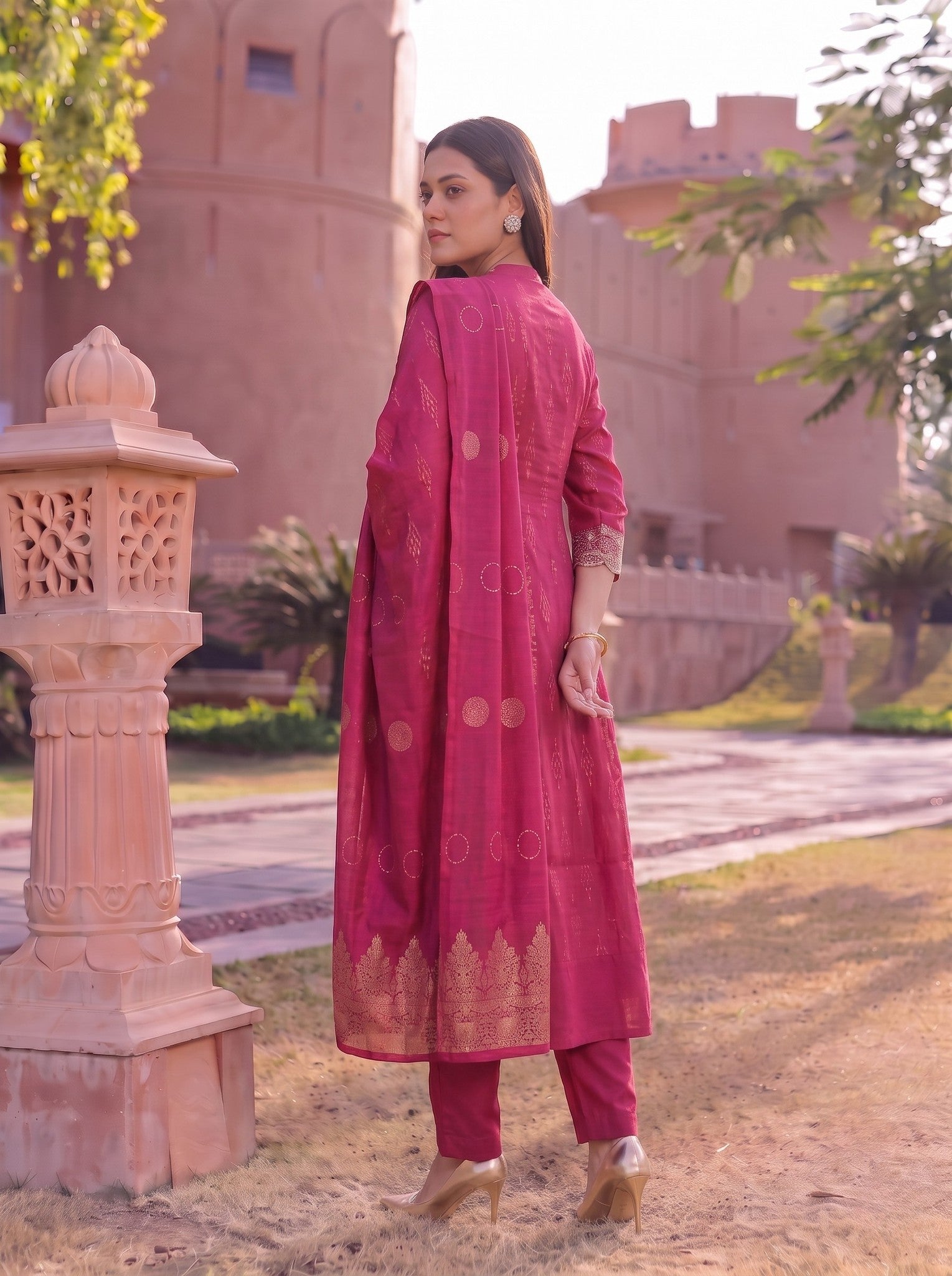 Viscose Embroidered Flared Calf Length Kurta With Pant and Dupatta