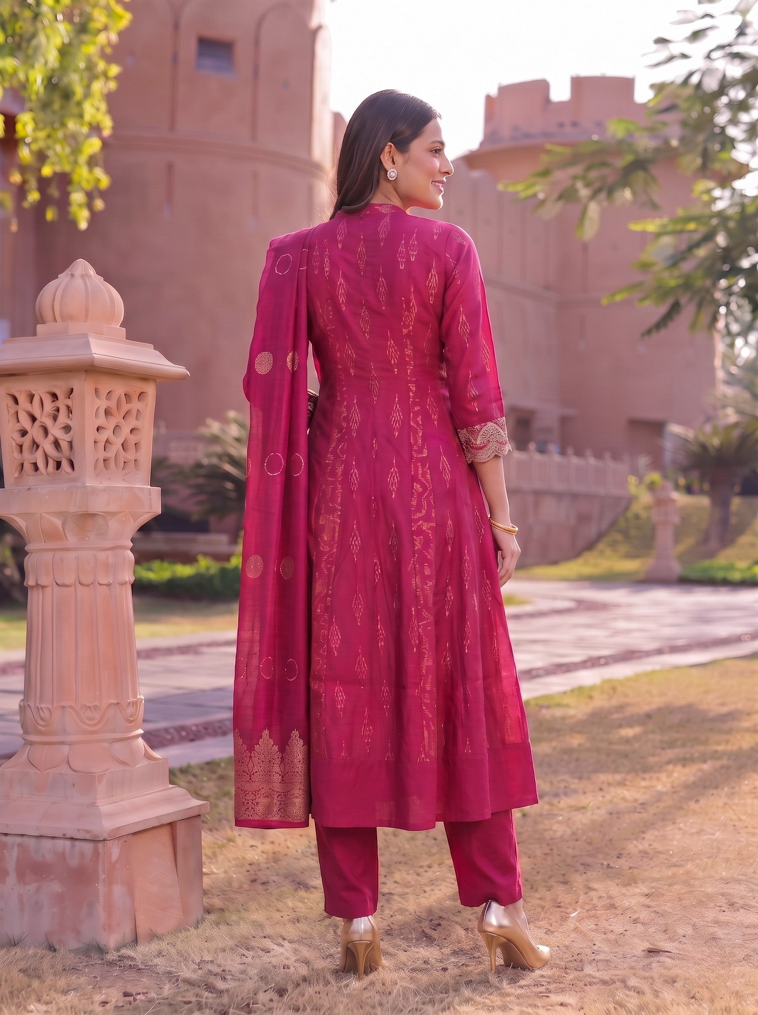 Viscose Embroidered Flared Calf Length Kurta With Pant and Dupatta