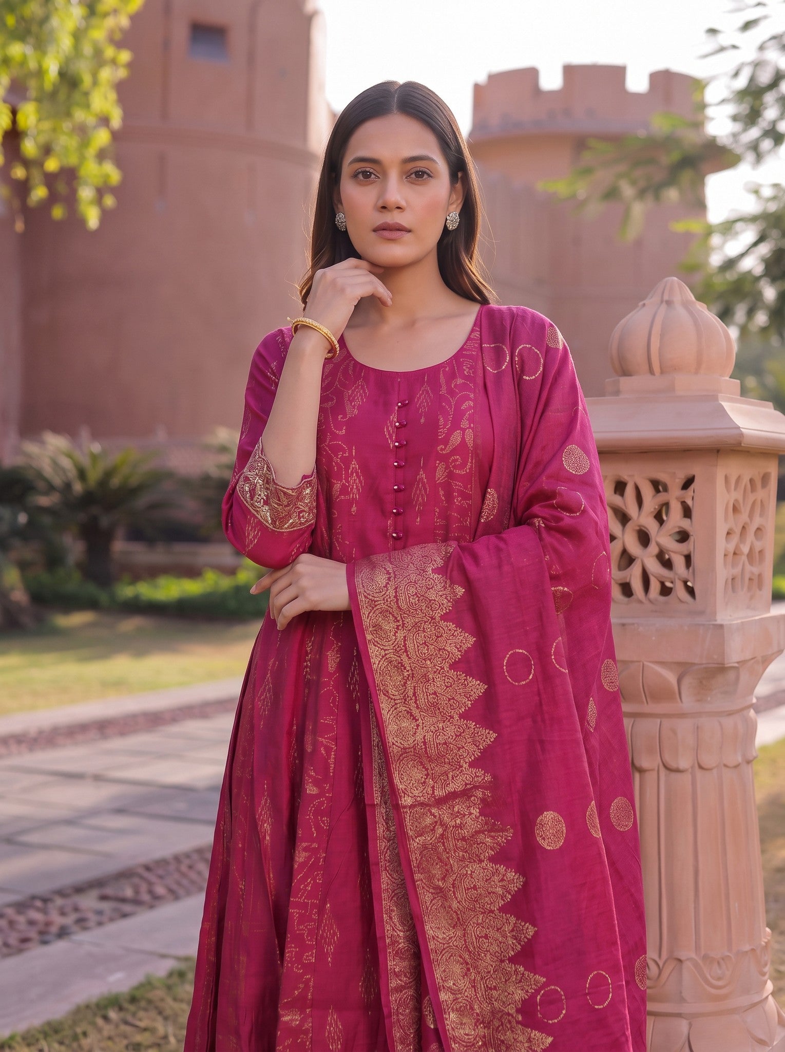 Viscose Embroidered Flared Calf Length Kurta With Pant and Dupatta