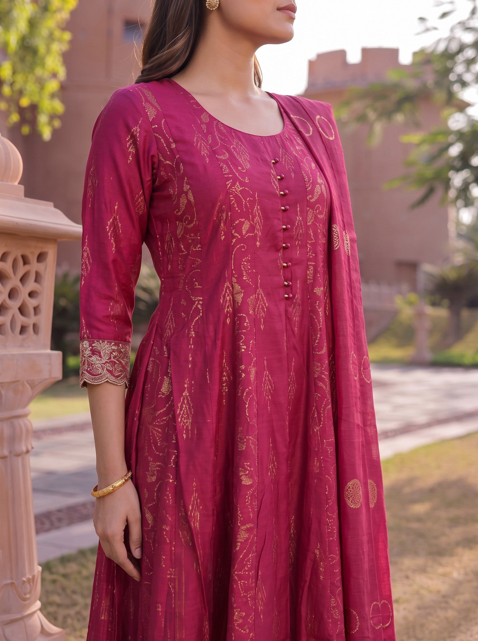 Viscose Embroidered Flared Calf Length Kurta With Pant and Dupatta