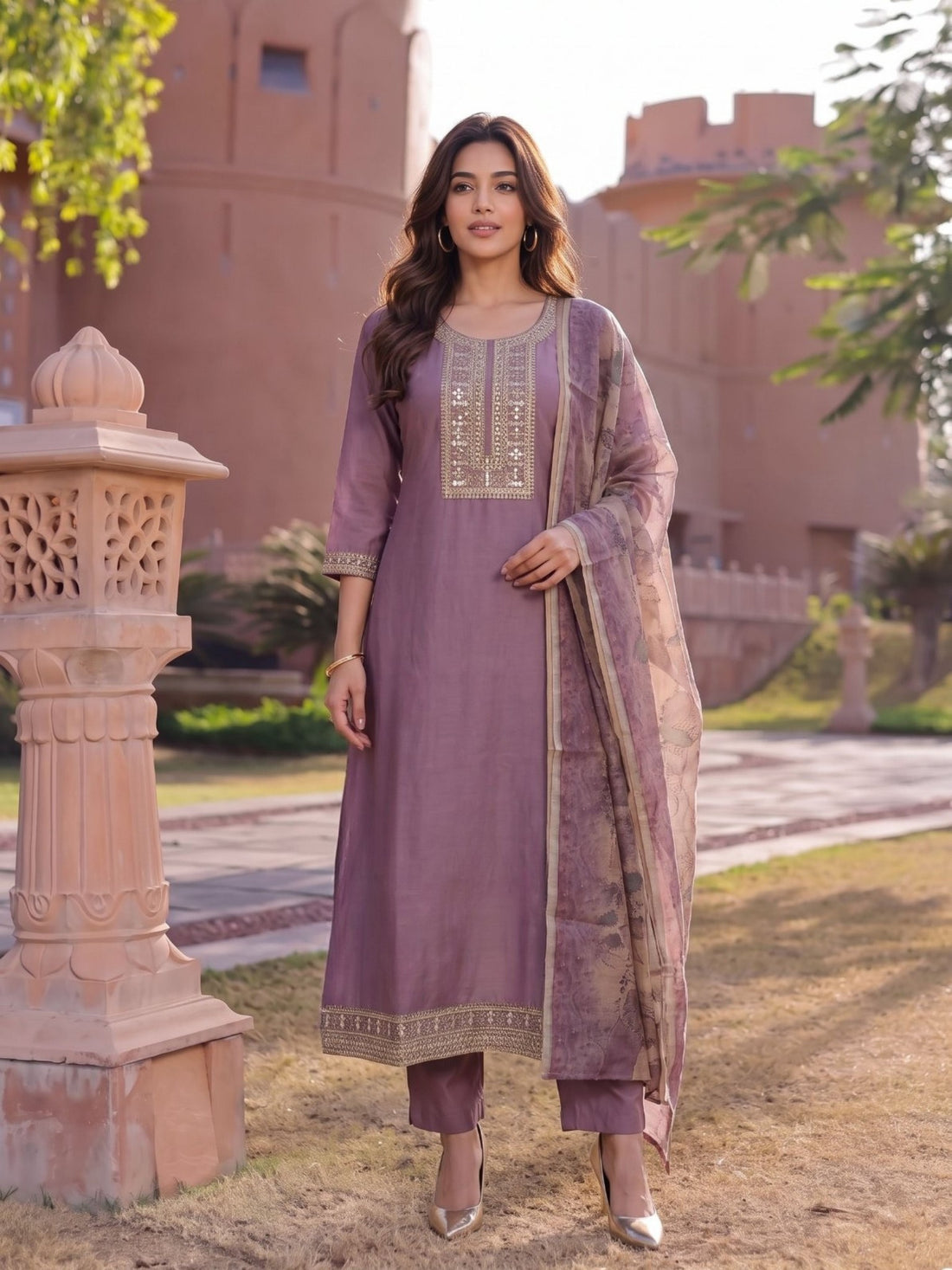 Buy Viscose Embroidered Flared Calf Length Kurta With Pant and Dupatta-Mauve