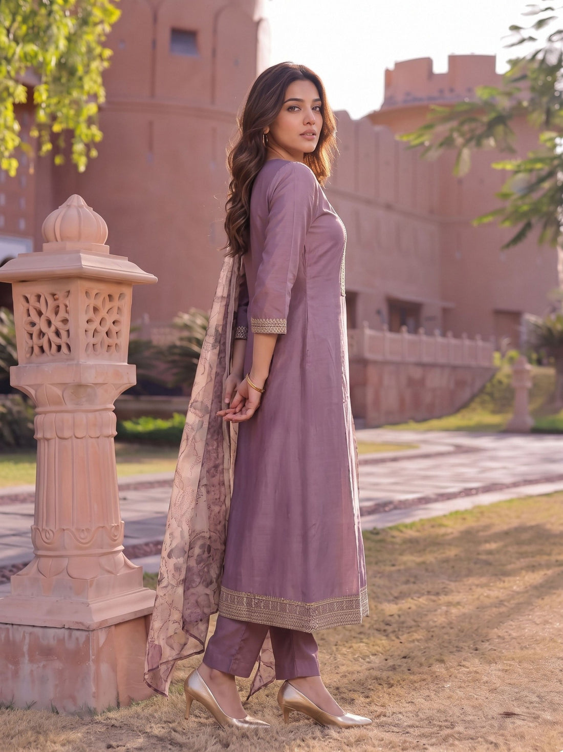 Buy Viscose Embroidered Flared Calf Length Kurta With Pant and Dupatta-Mauve