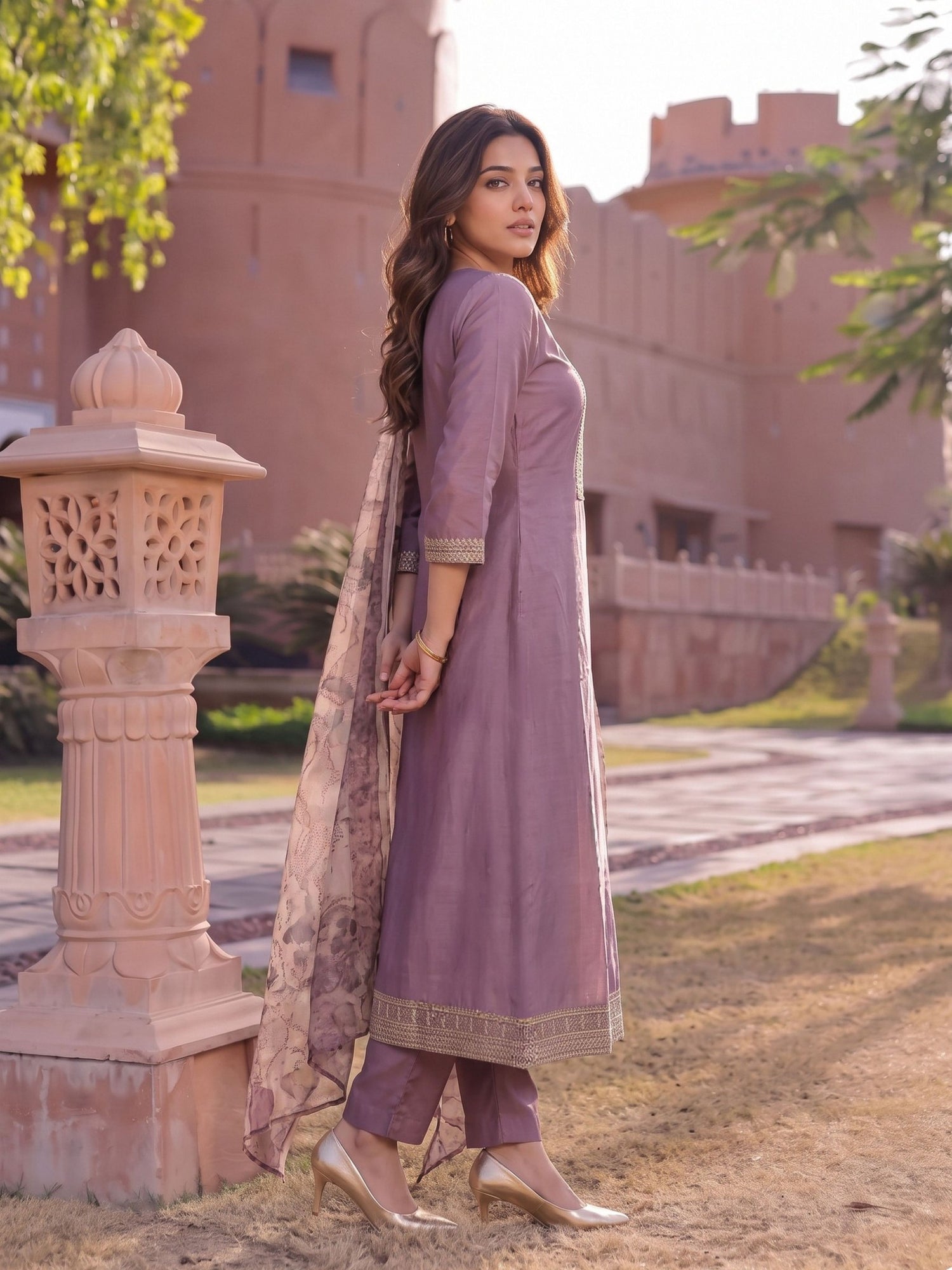 Buy Viscose Embroidered Flared Calf Length Kurta With Pant and Dupatta-Mauve