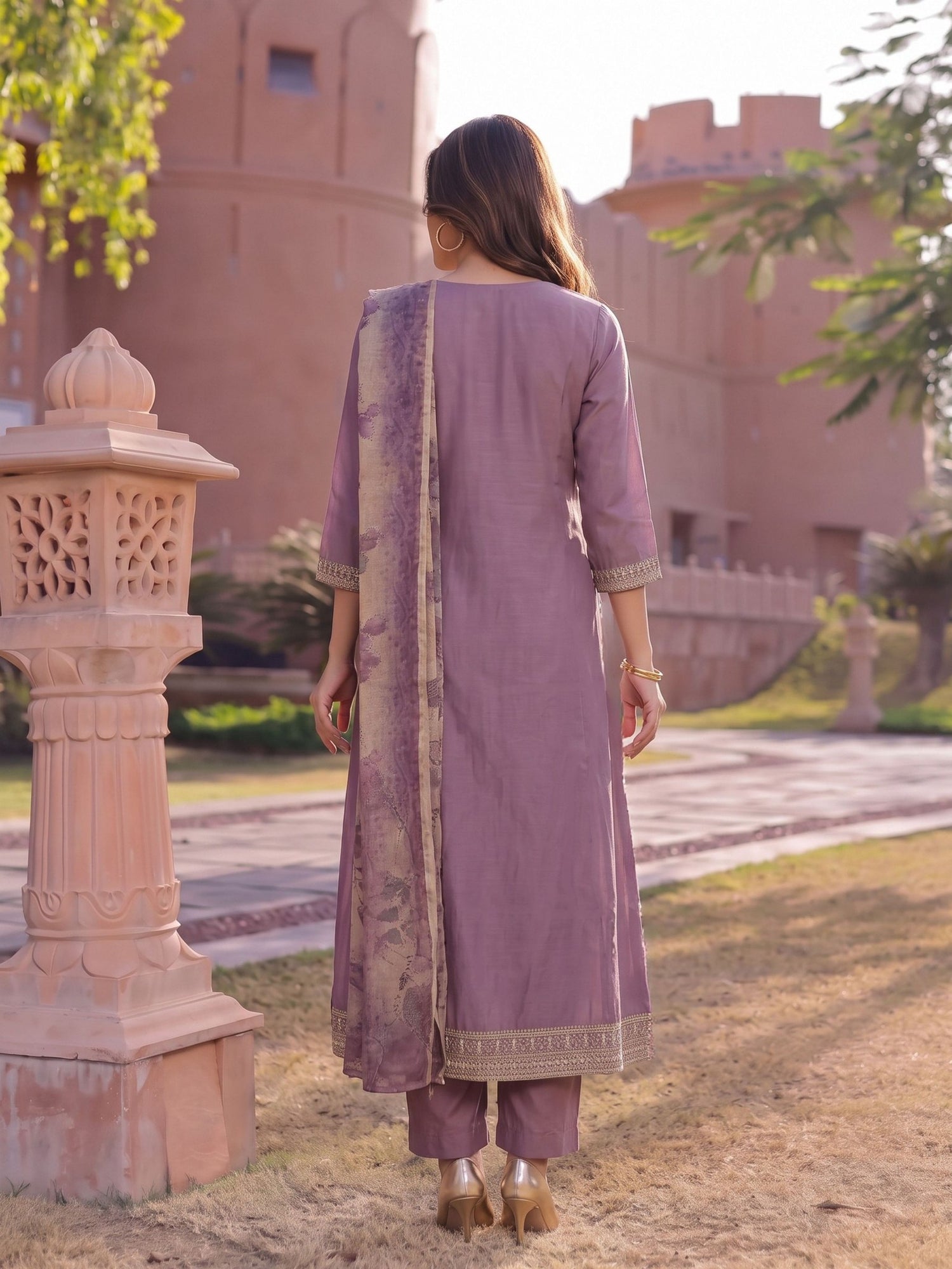 Buy Viscose Embroidered Flared Calf Length Kurta With Pant and Dupatta-Mauve
