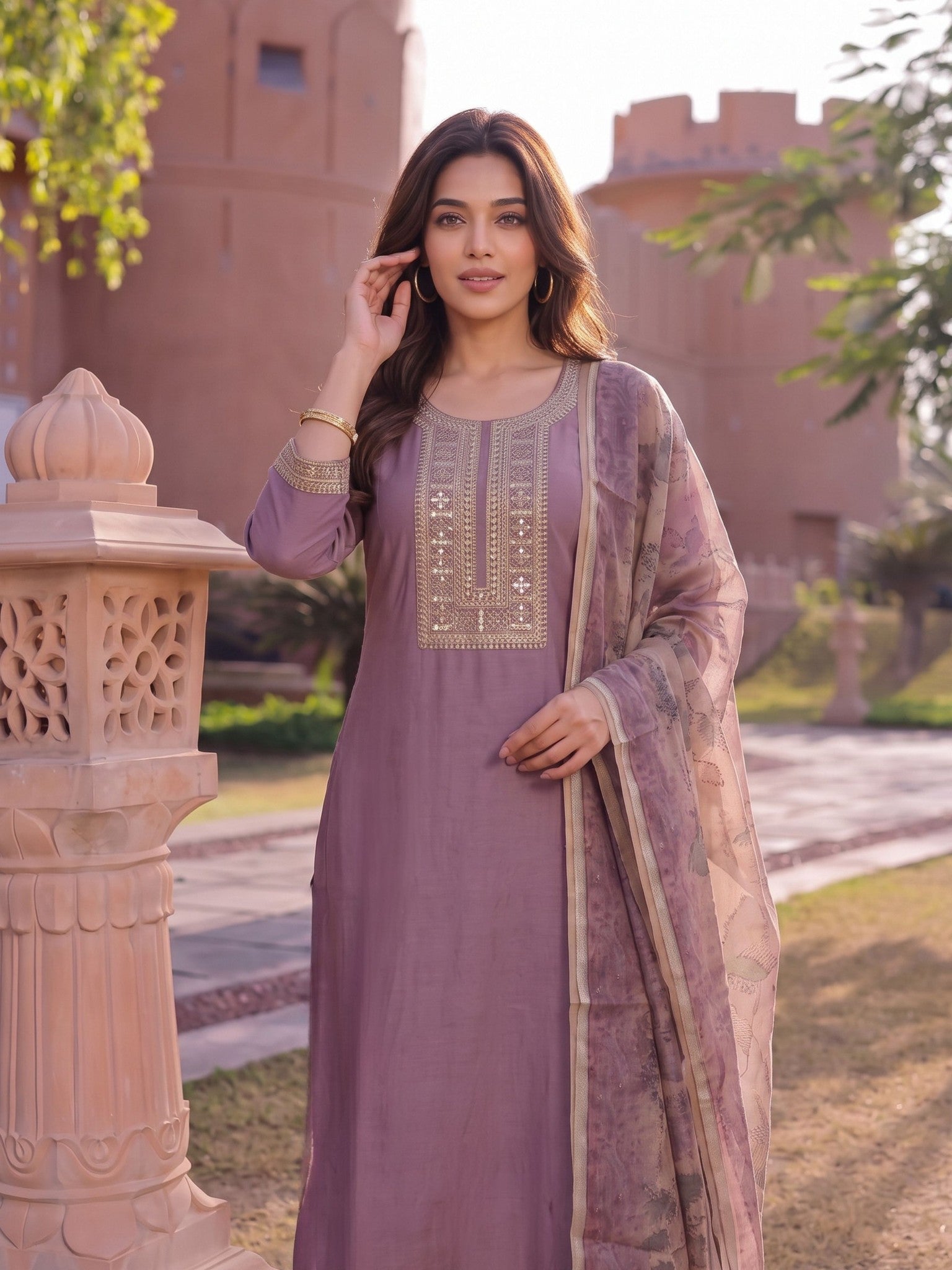 Viscose Embroidered Flared Calf Length Kurta With Pant and Dupatta