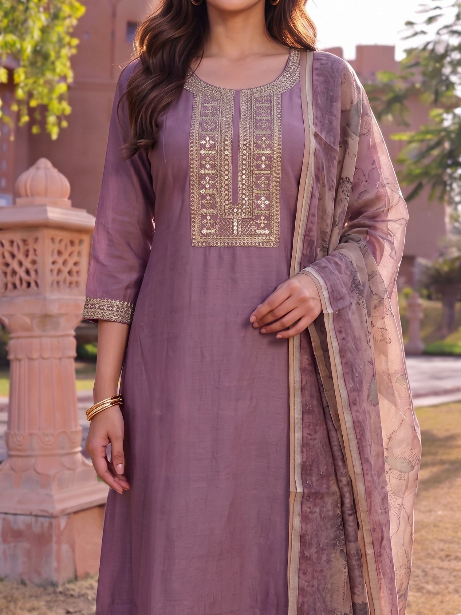 Buy Viscose Embroidered Flared Calf Length Kurta With Pant and Dupatta-Mauve