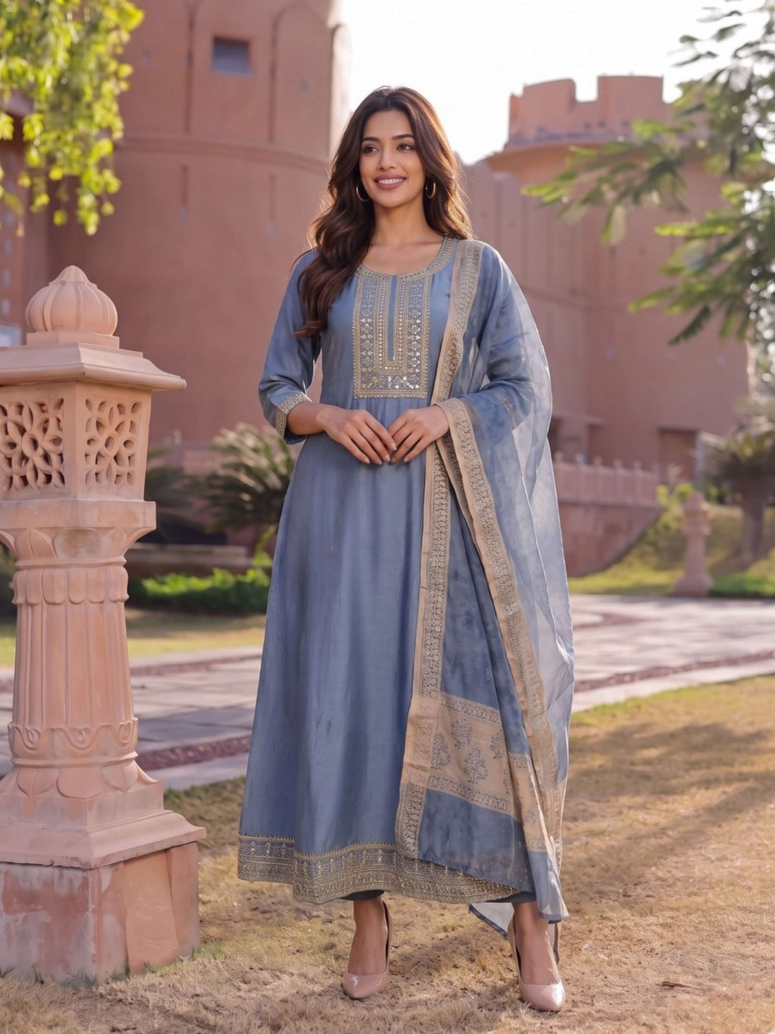 Buy Viscose Embroidered Flared Calf Length Kurta With Pant and Dupatta-Grey