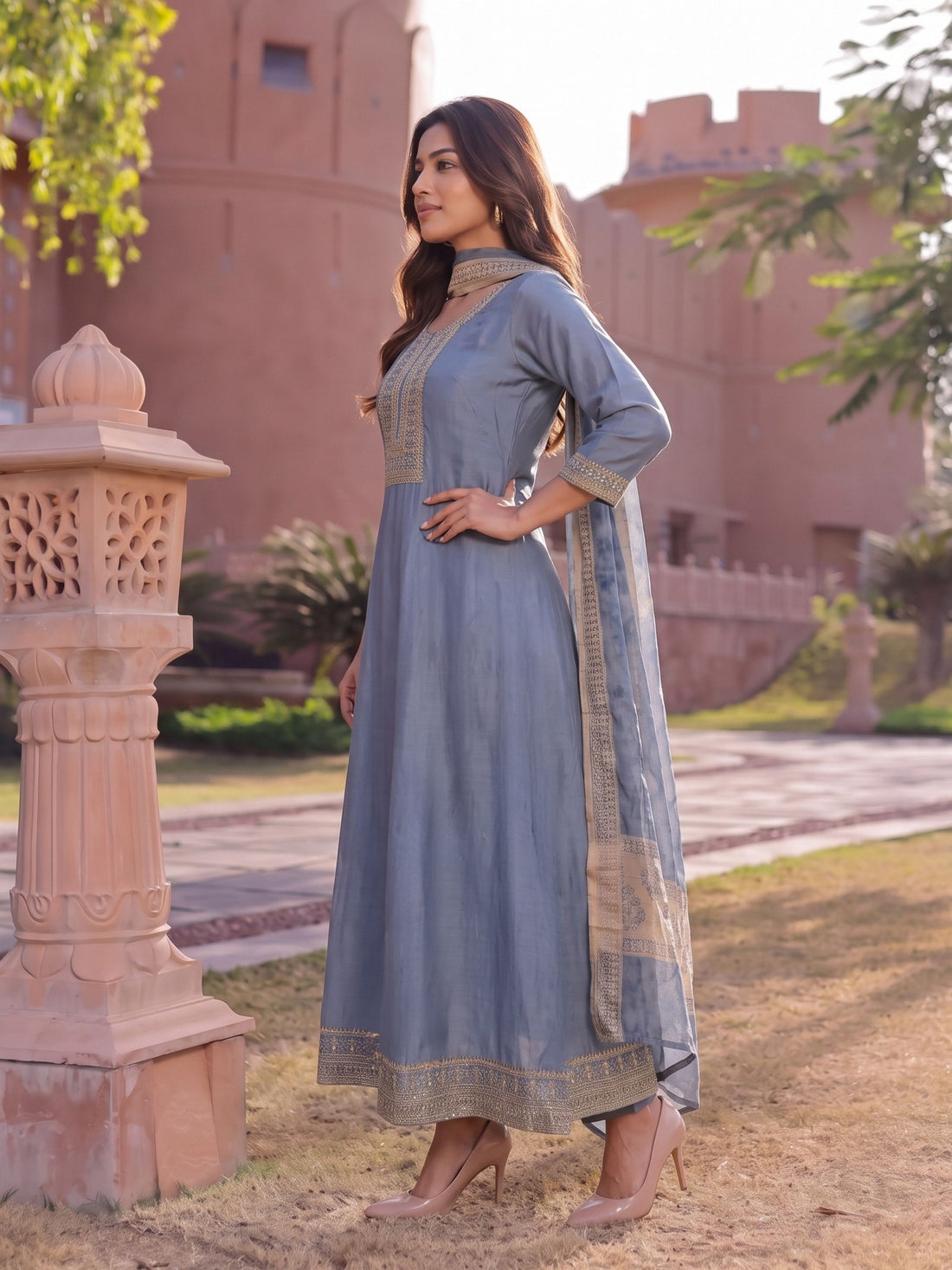 Buy Viscose Embroidered Flared Calf Length Kurta With Pant and Dupatta-Grey