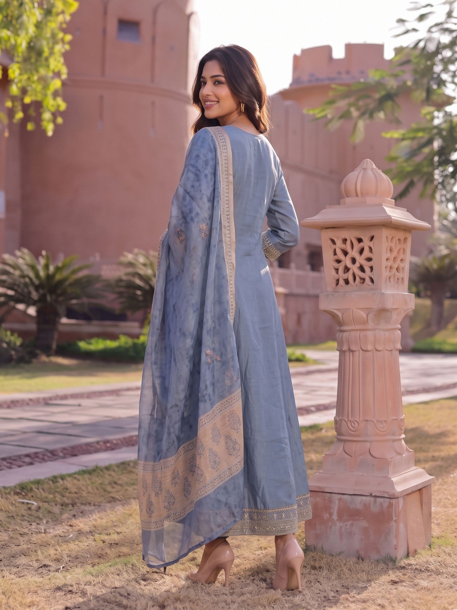 Viscose Embroidered Flared Calf Length Kurta With Pant and Dupatta