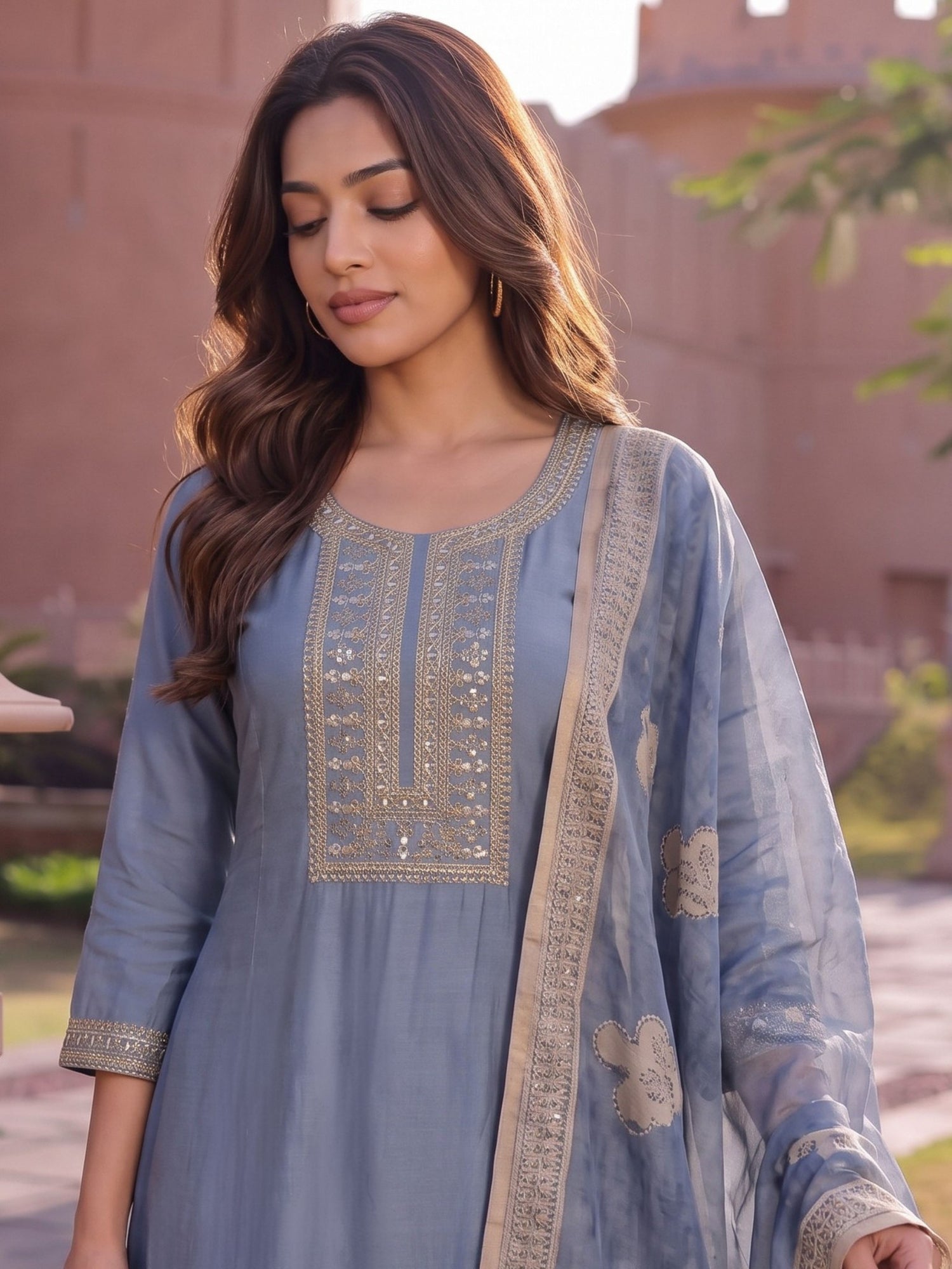 Buy Viscose Embroidered Flared Calf Length Kurta With Pant and Dupatta-Grey