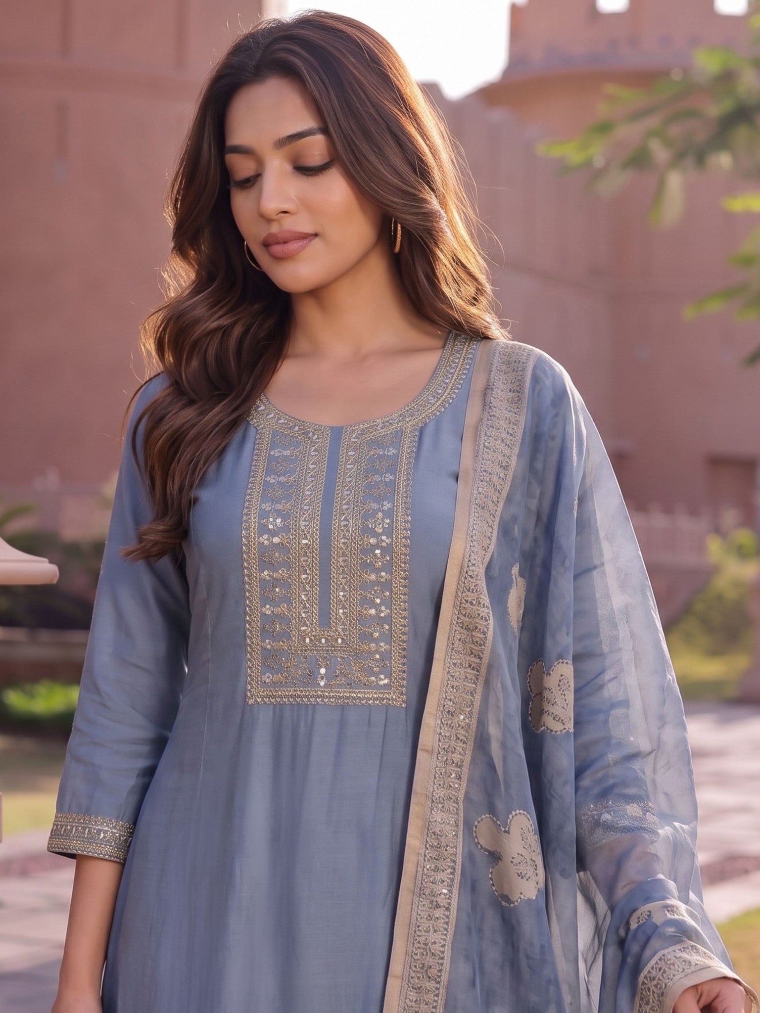 Viscose Embroidered Flared Calf Length Kurta With Pant and Dupatta