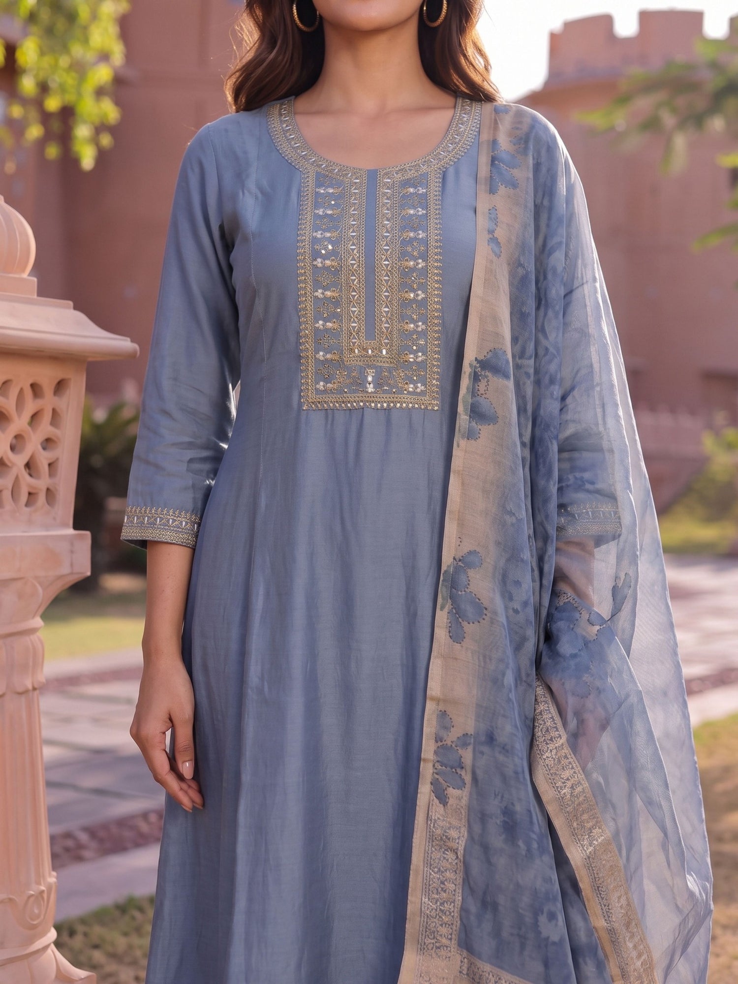 Buy Viscose Embroidered Flared Calf Length Kurta With Pant and Dupatta-Grey