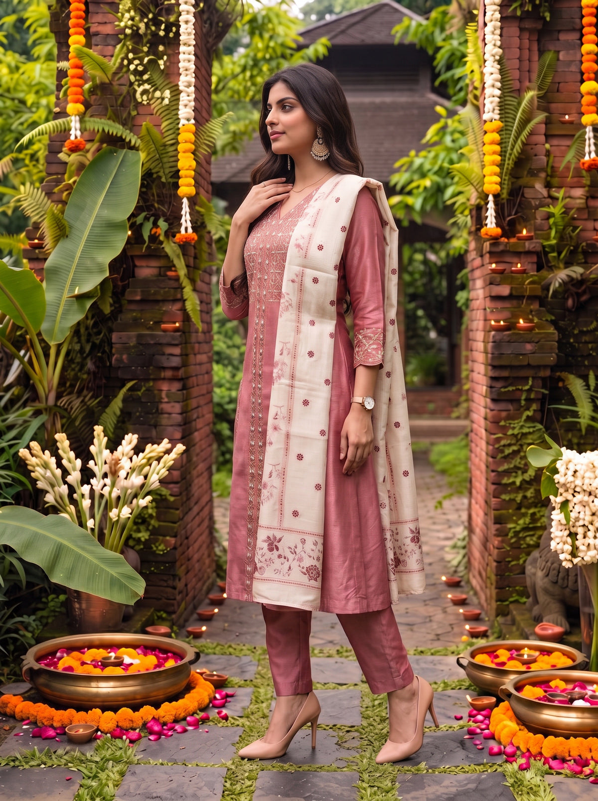 Buy Viscose Embroidered Flared Calf Length Kurta With Pant and Dupatta-Coral