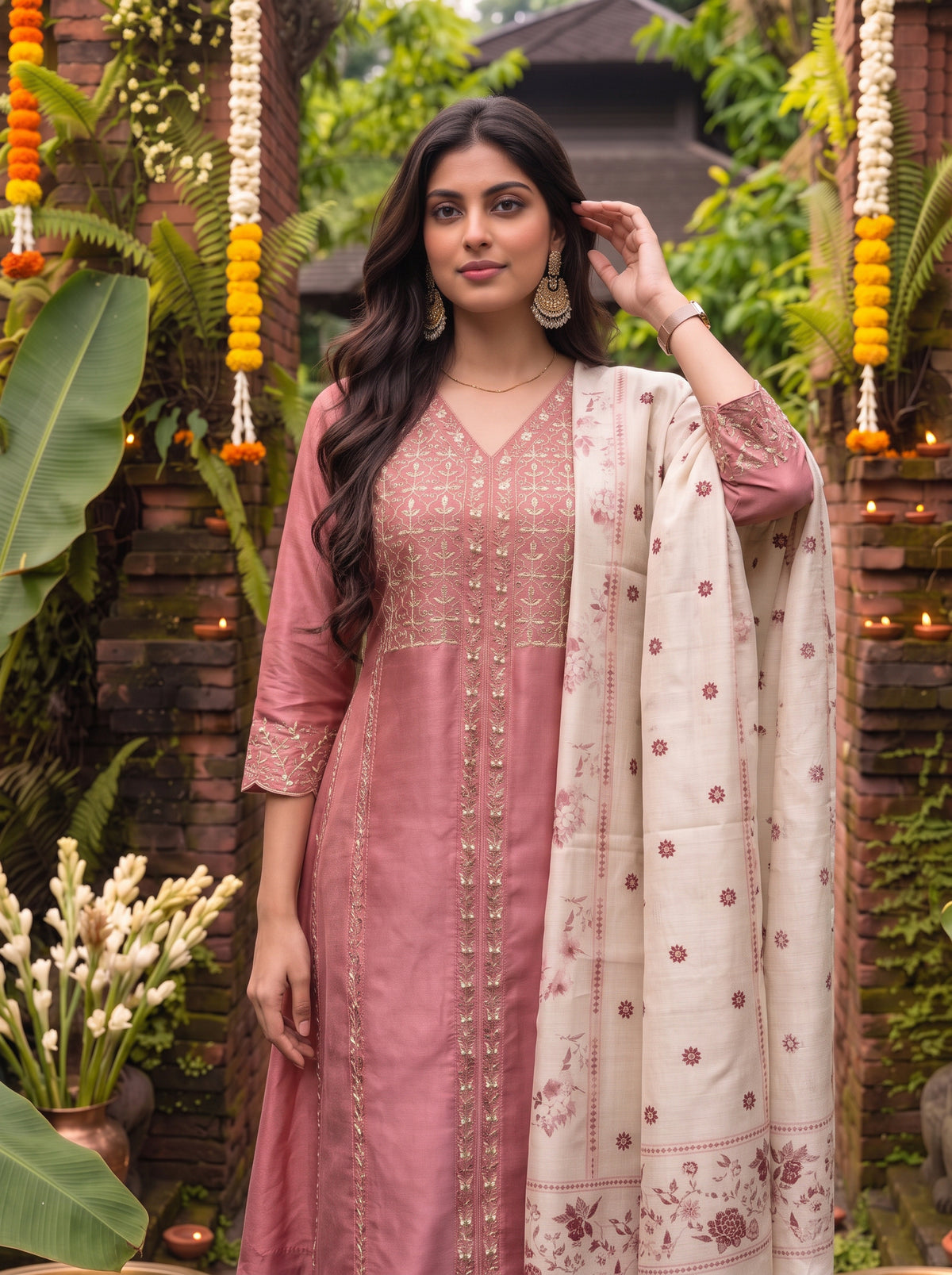 Viscose Embroidered Flared Calf Length Kurta With Pant and Dupatta
