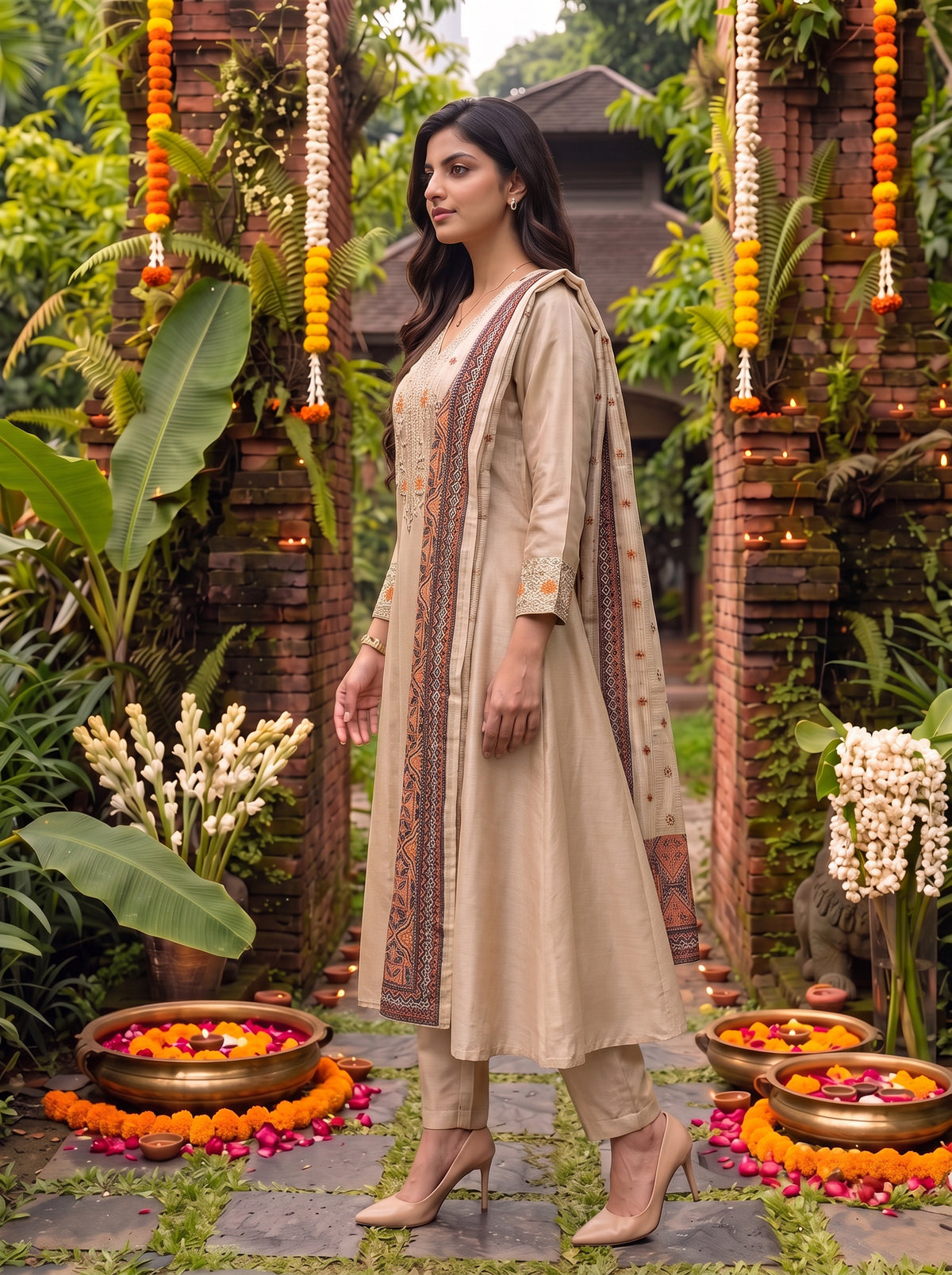 Viscose Embroidered Flared Calf Length Kurta With Pant and Dupatta