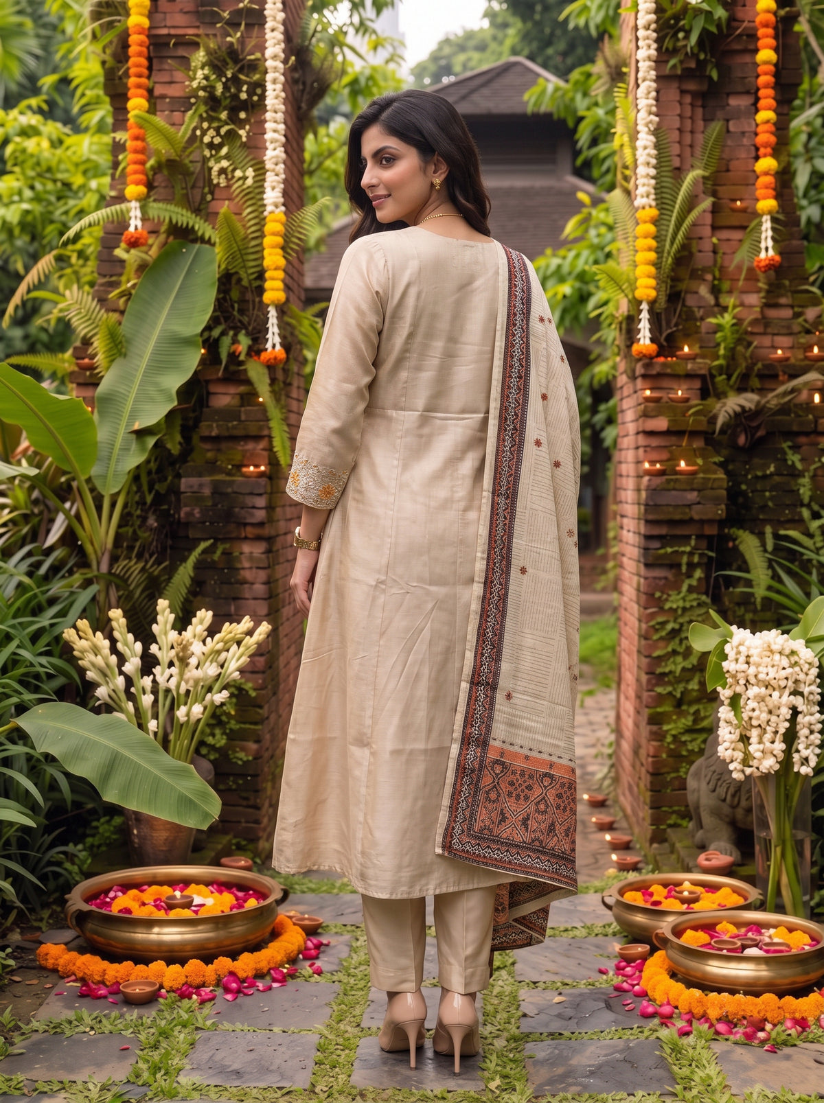 Buy Viscose Embroidered Flared Calf Length Kurta With Pant and Dupatta-Cream