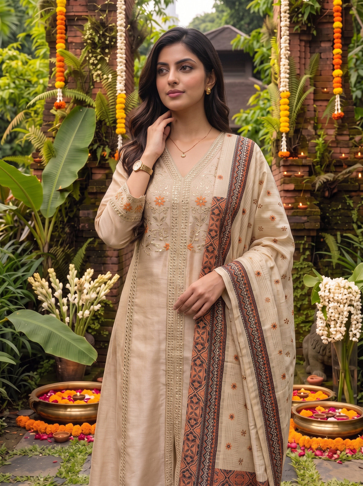 Viscose Embroidered Flared Calf Length Kurta With Pant and Dupatta