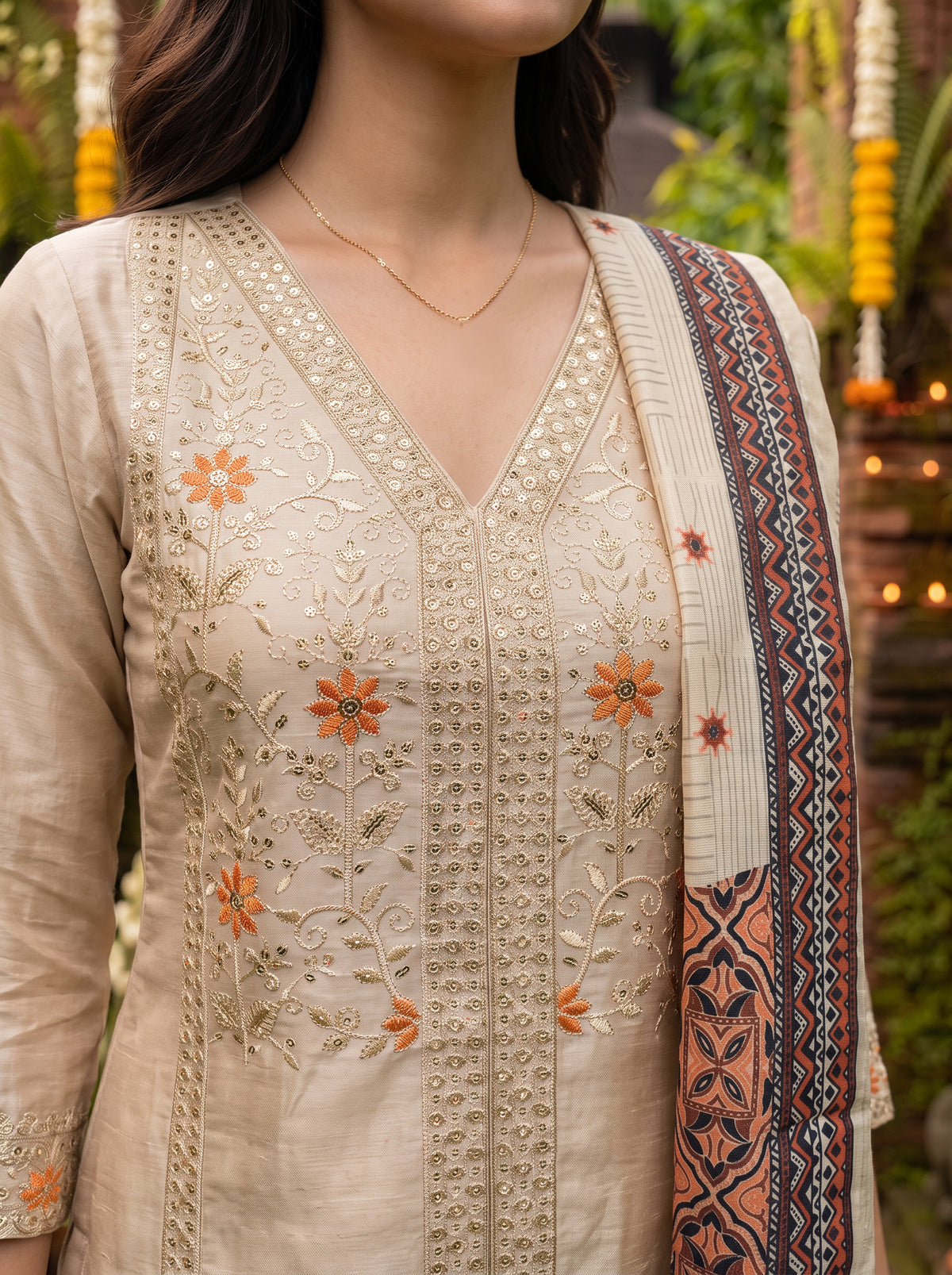 Buy Viscose Embroidered Flared Calf Length Kurta With Pant and Dupatta-Cream