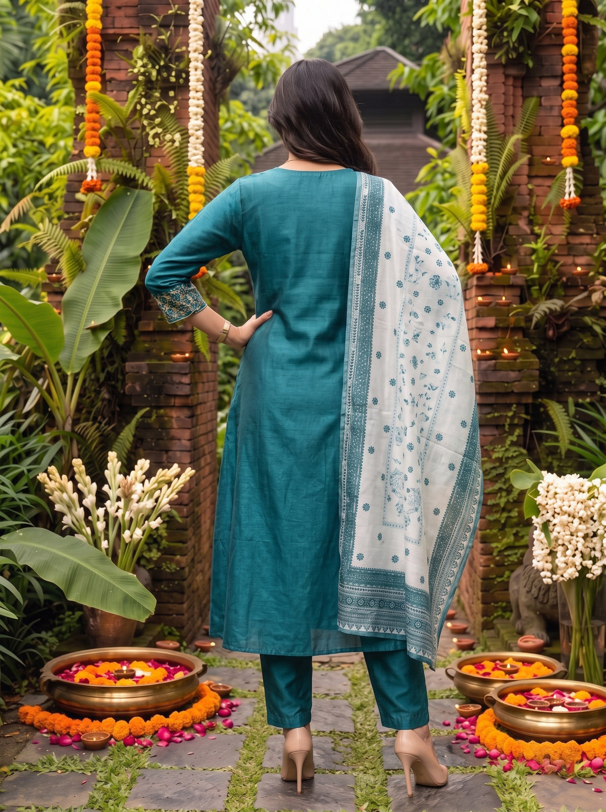 Buy Viscose Embroidered Flared Calf Length Kurta With Pant and Dupatta-Turquoise