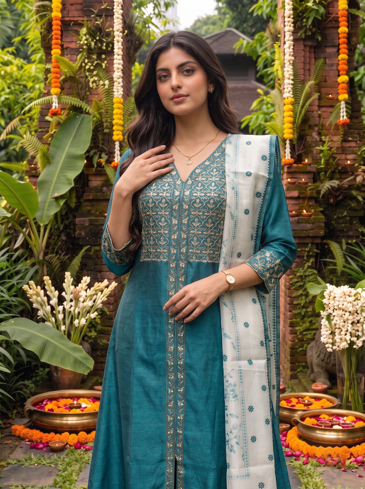 Viscose Embroidered Flared Calf Length Kurta With Pant and Dupatta