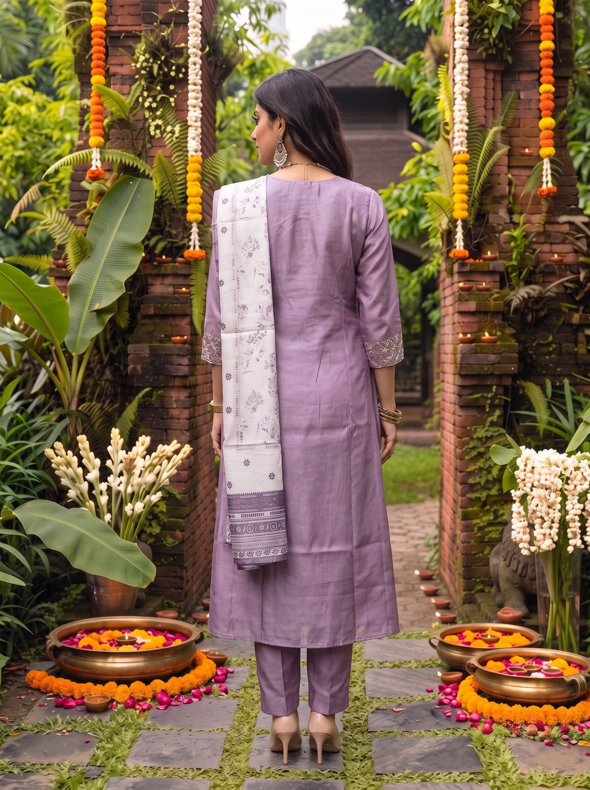 Buy Viscose Embroidered Flared Calf Length Kurta With Pant and Dupatta-Lavender