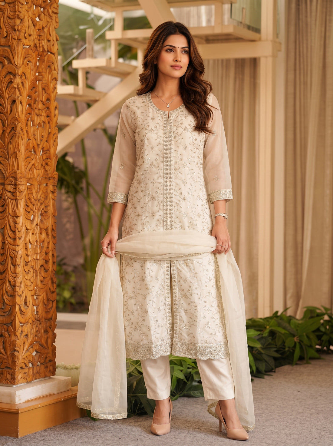 Buy Rayon Embroidered Flared Calf Length Kurta With Pant and Dupatta-Off White