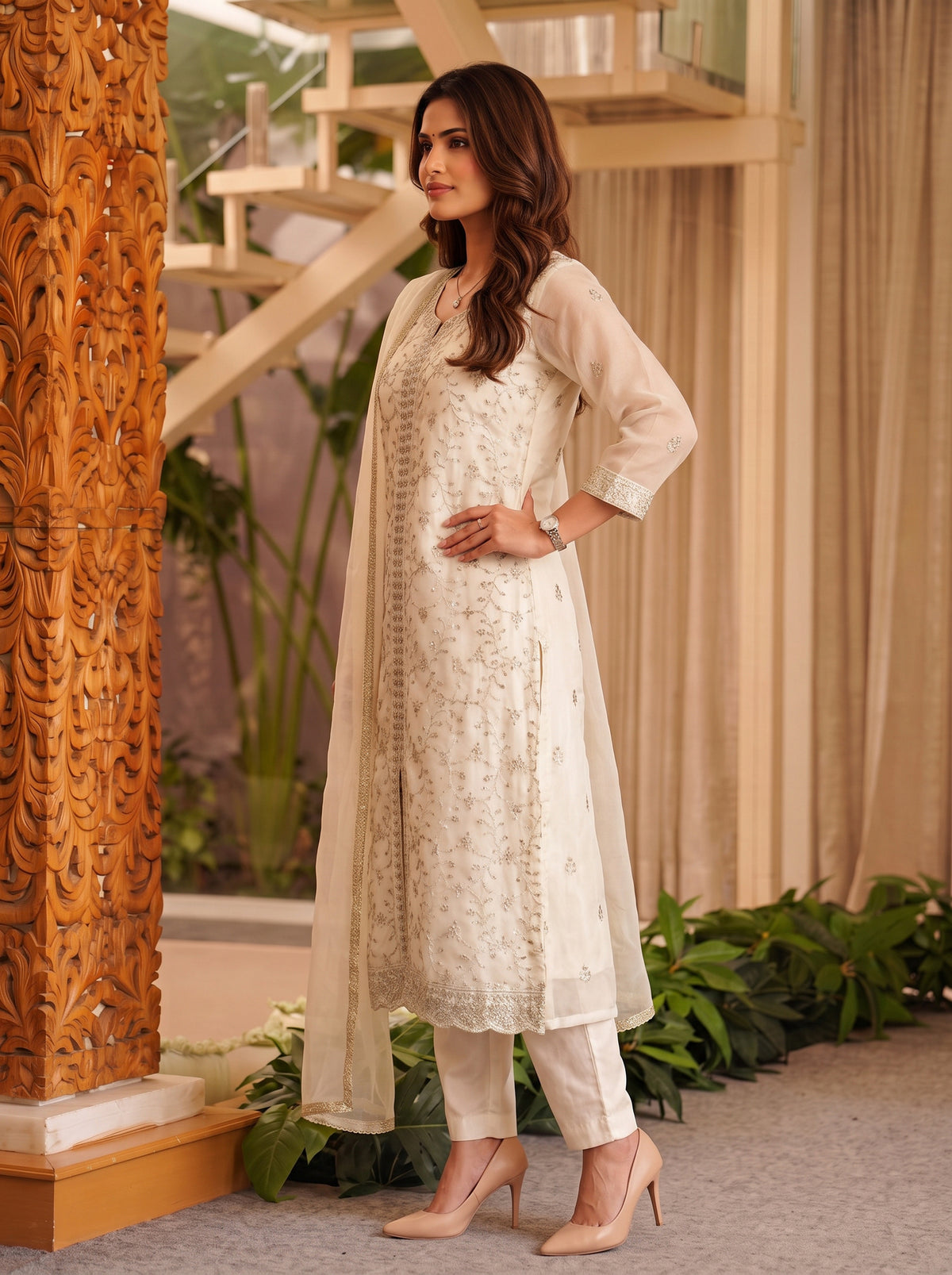 Rayon Embroidered Flared Calf Length Kurta With Pant and Dupatta