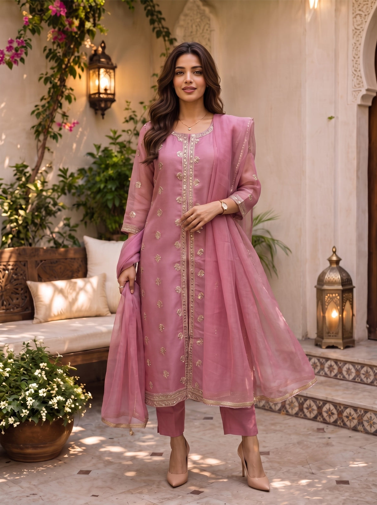 Buy Rayon Embroidered Flared Calf Length Kurta With Pant and Dupatta-Pink