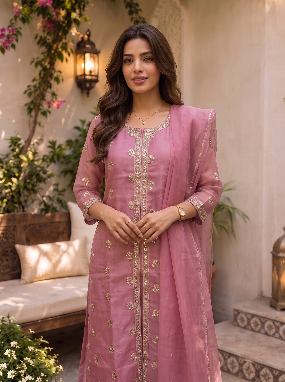 Rayon Embroidered Flared Calf Length Kurta With Pant and Dupatta