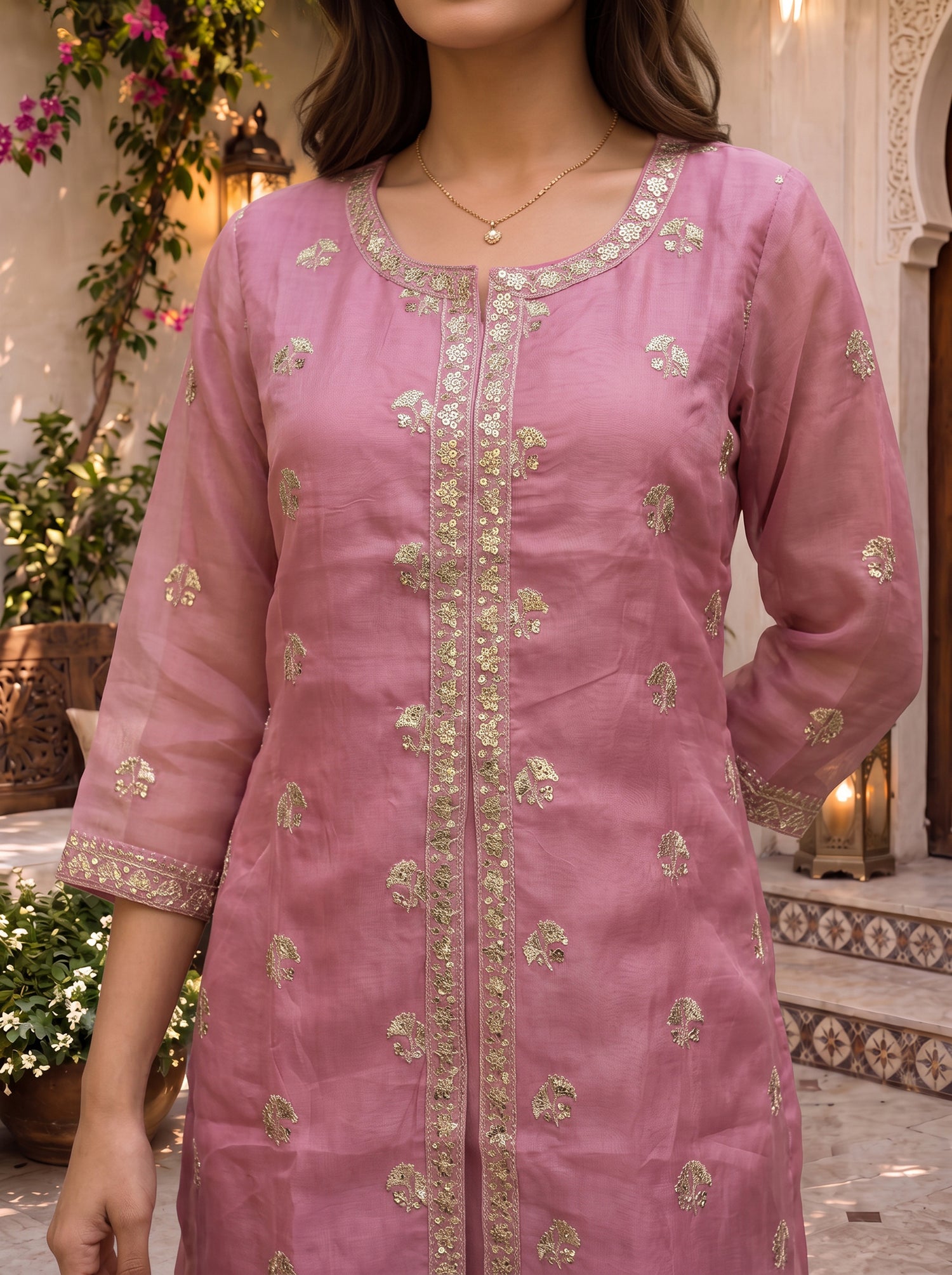 Buy Rayon Embroidered Flared Calf Length Kurta With Pant and Dupatta-Pink