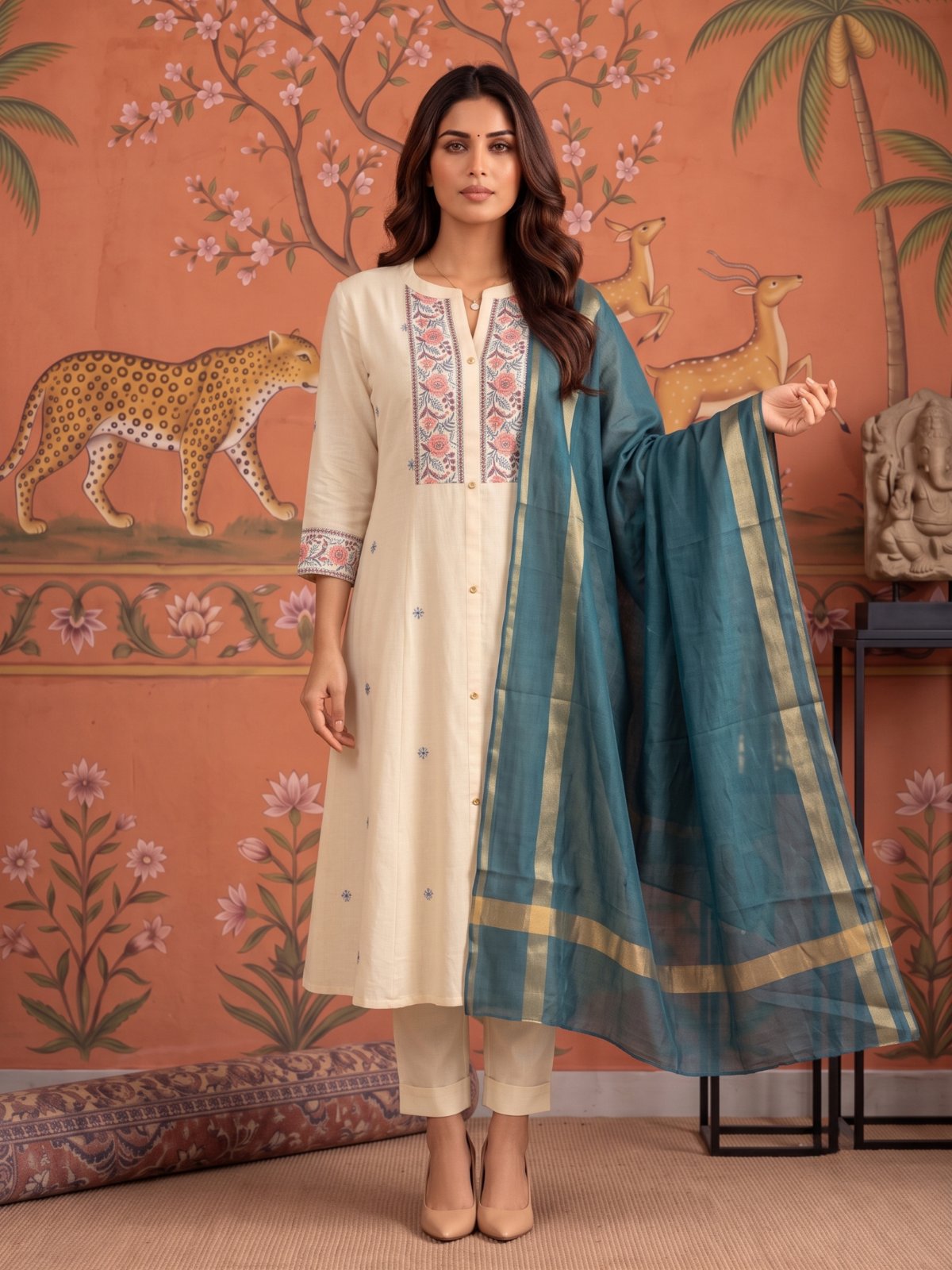 Buy Cotton Embroidered A-Line Calf Length Kurta With Pant and Dupatta-Cream