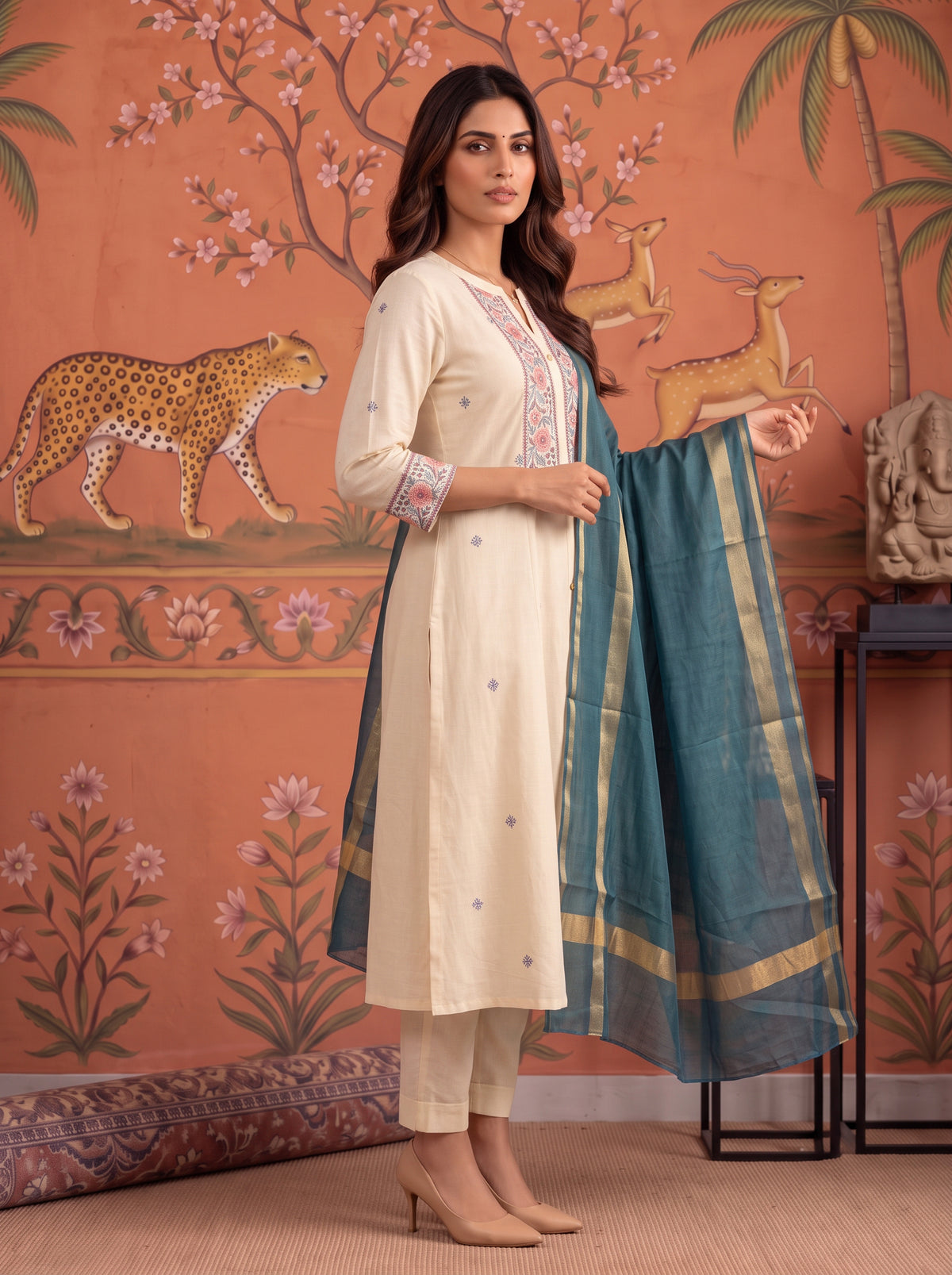 Cotton Embroidered A-Line Calf Length Kurta With Pant and Dupatta
