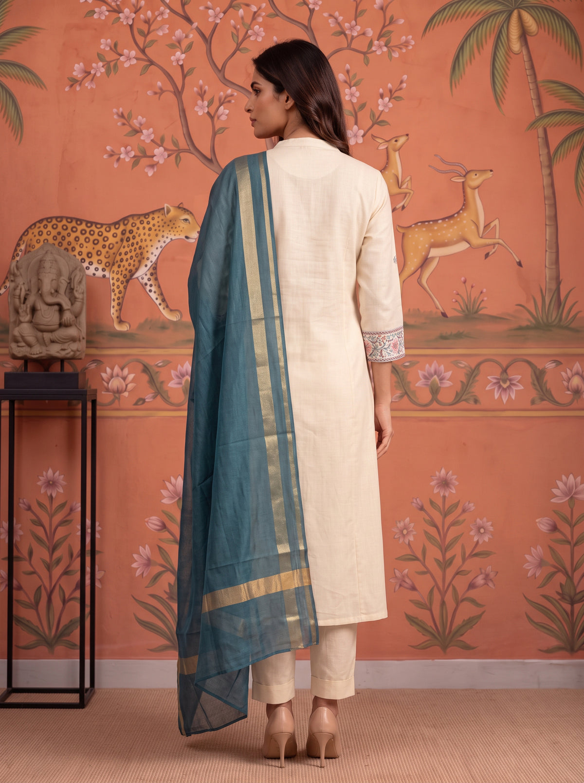 Cotton Embroidered A-Line Calf Length Kurta With Pant and Dupatta