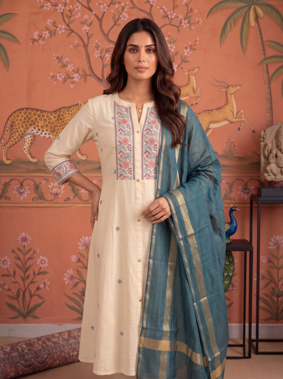 Cotton Embroidered A-Line Calf Length Kurta With Pant and Dupatta