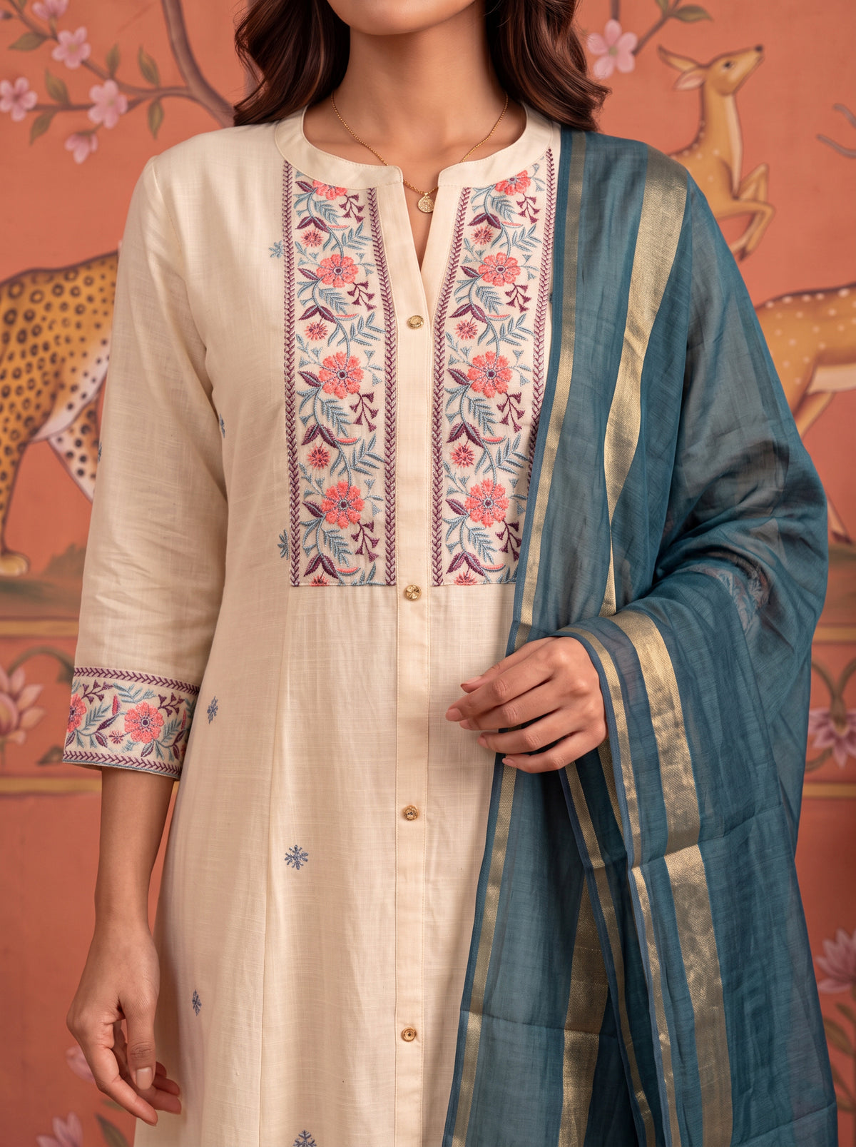 Cotton Embroidered A-Line Calf Length Kurta With Pant and Dupatta