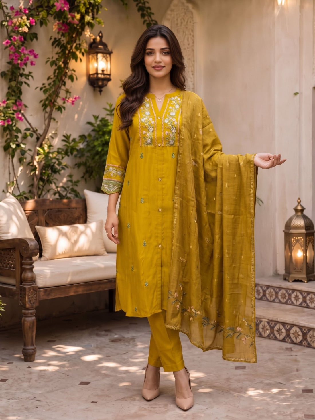 Buy Viscose Embroidered A-Line Calf Length Kurta With Pant and Dupatta-Mustard