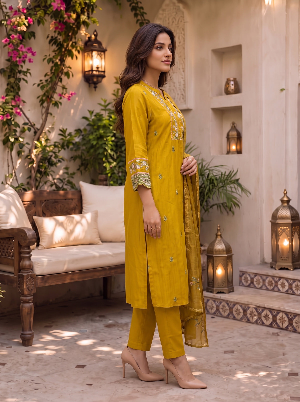 Viscose Embroidered A-Line Calf Length Kurta With Pant and Dupatta