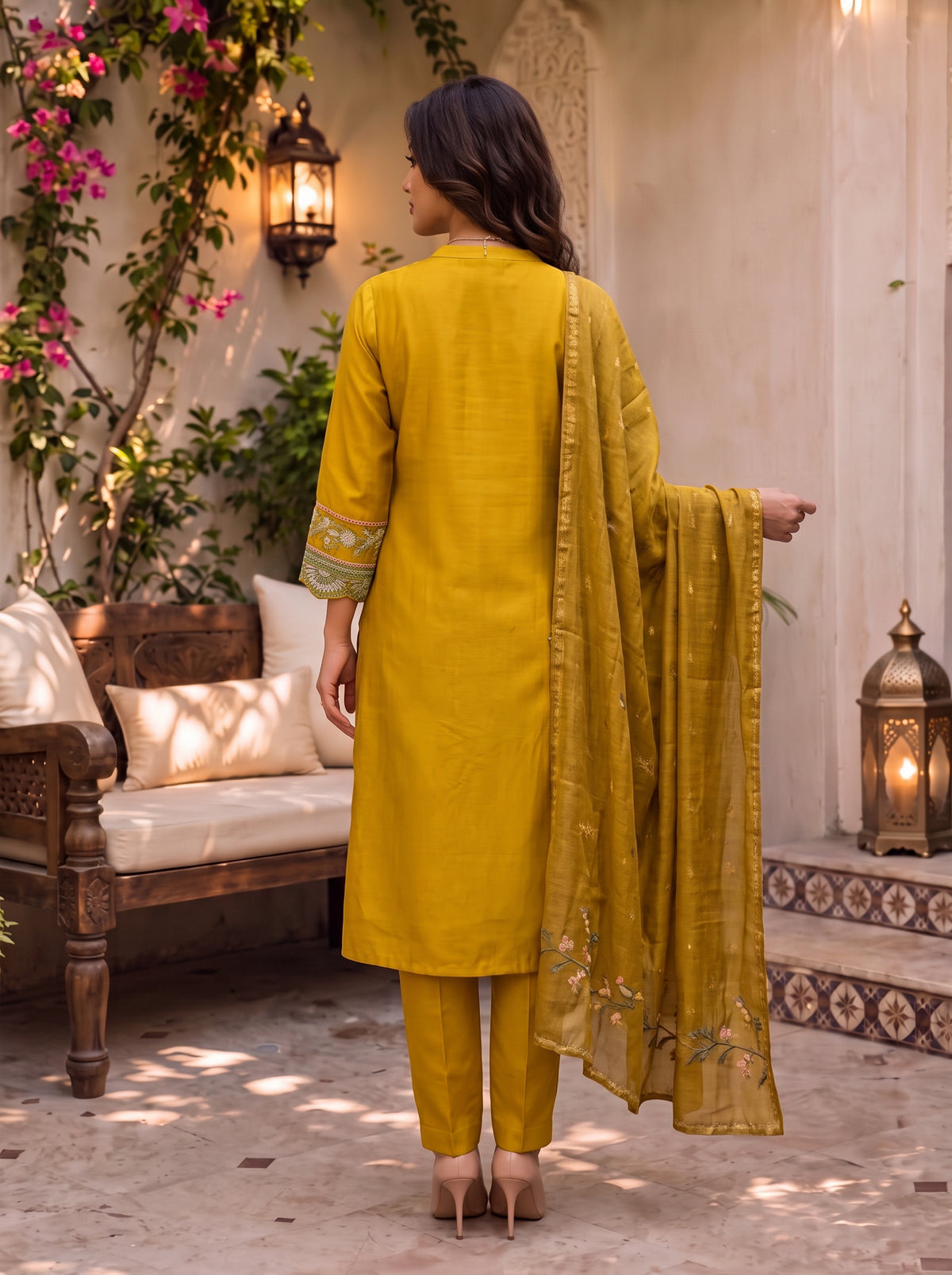 Buy Viscose Embroidered A-Line Calf Length Kurta With Pant and Dupatta-Mustard